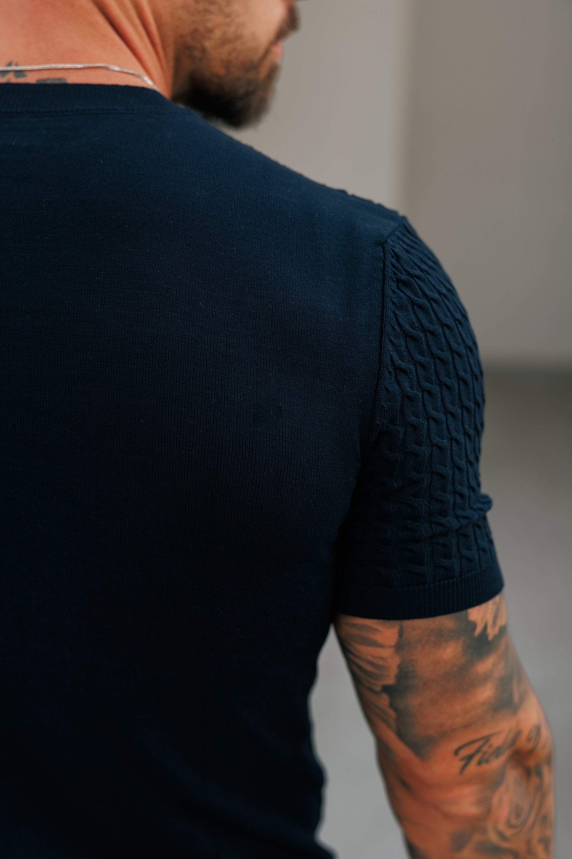 Front Chain Knit Crew Tshirt Navy Short Sleeve - FSR054