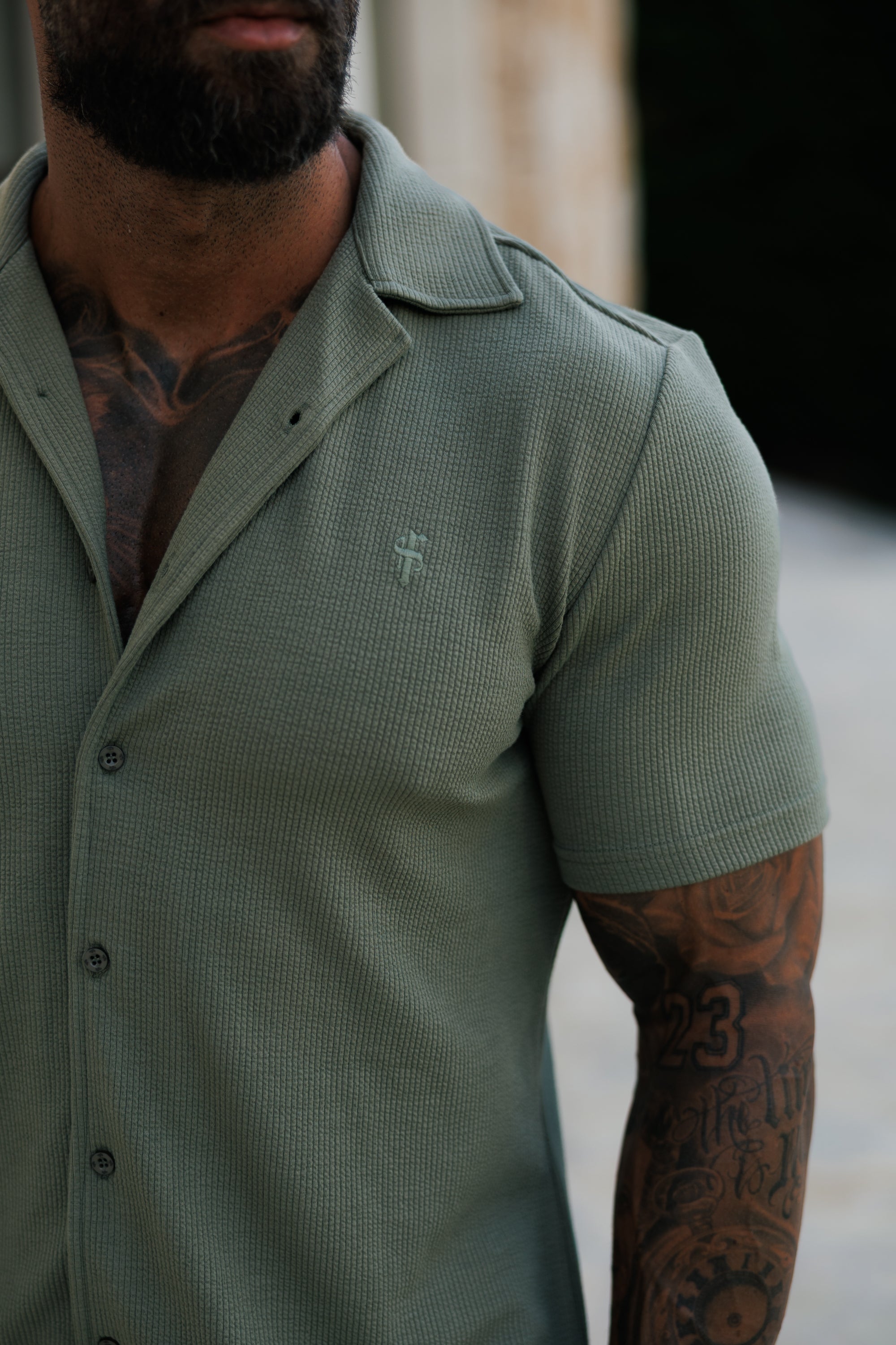 Jersey Cord Stretch Olive Revere Shirt Short Sleeve - FSR072 (PRE ORDER 30TH JUNE)