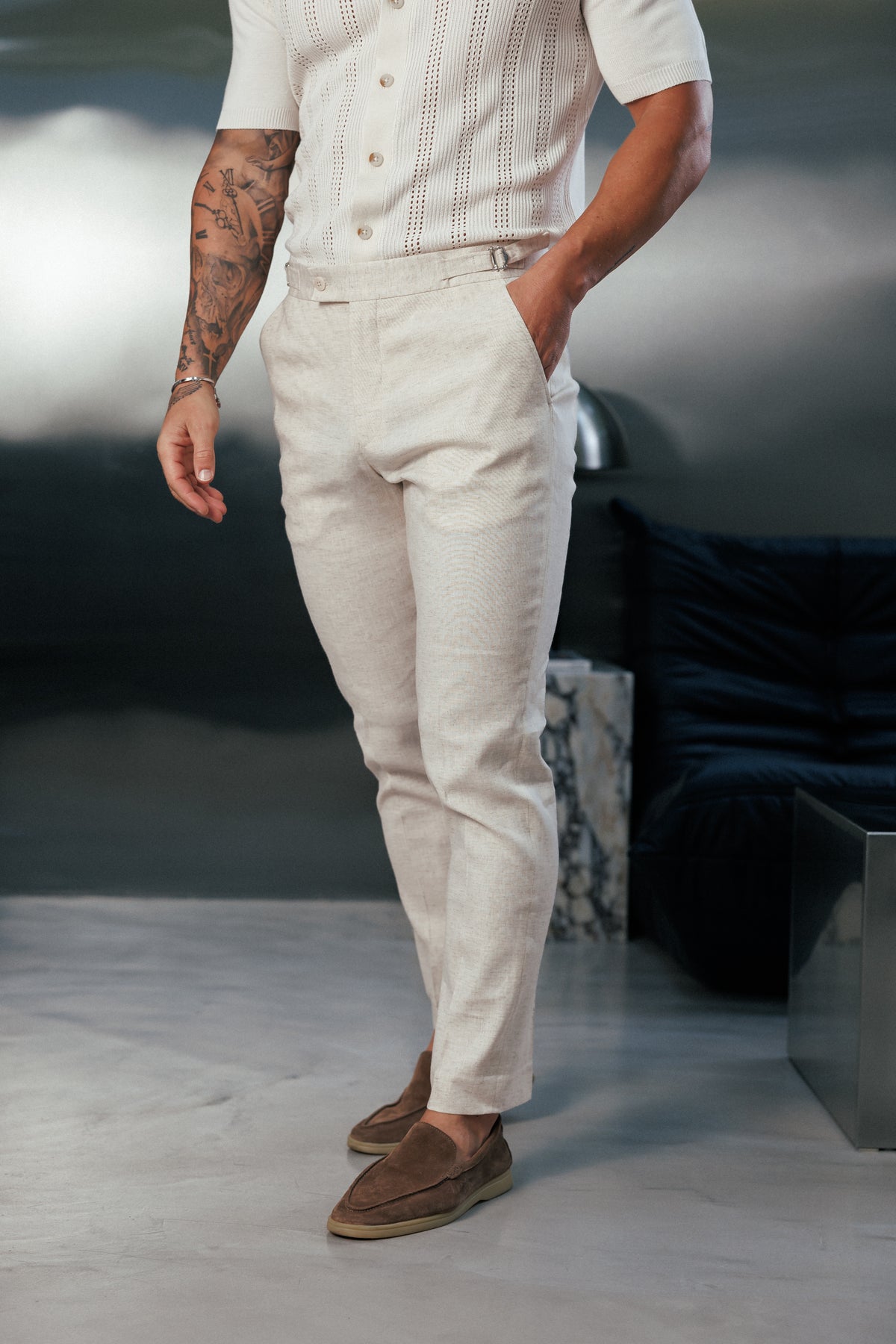 Slim Formal Cream Linen Trousers With Side Adjusters - FST020