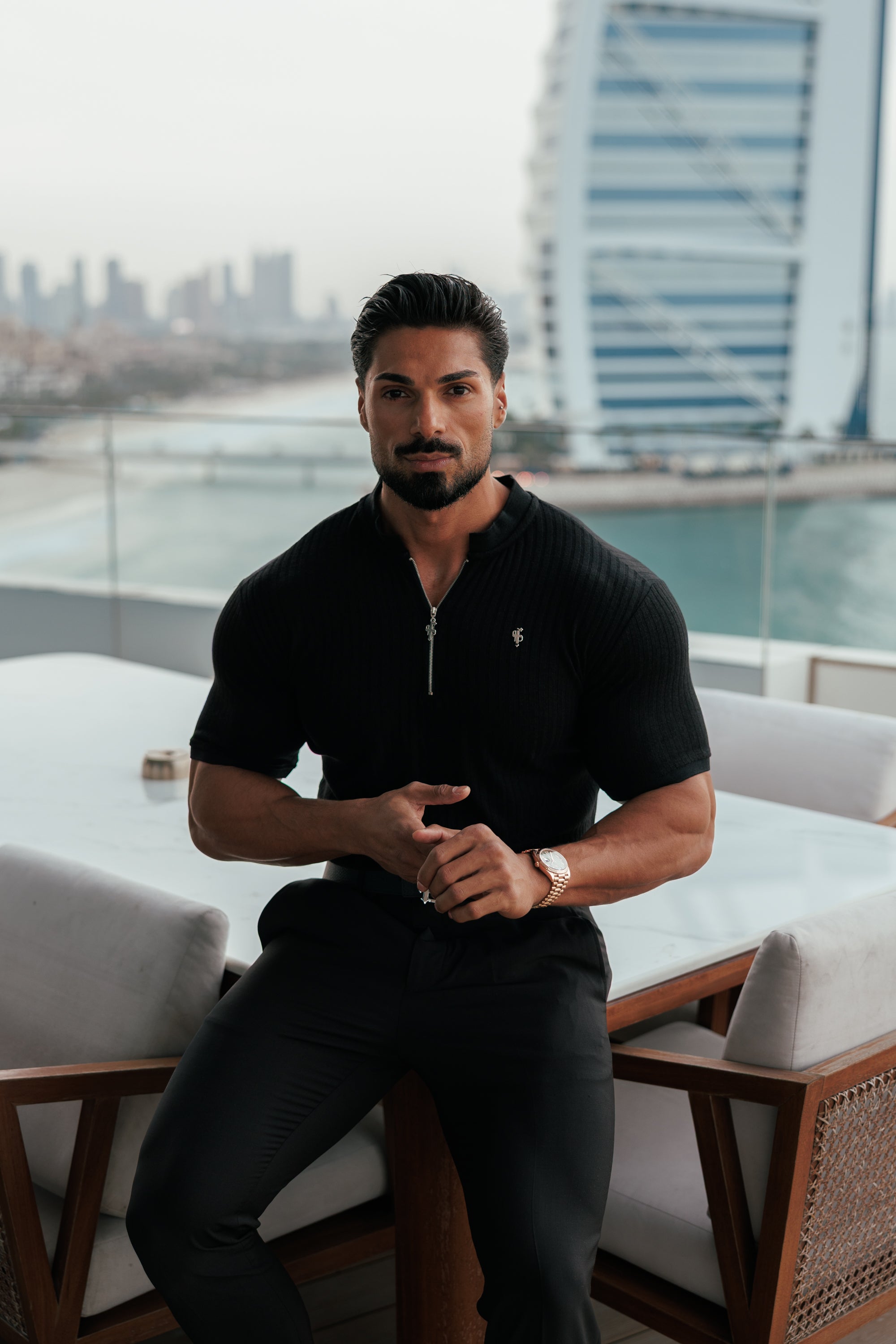 Super Slim Black / Silver Ribbed Zip Grandad Collar Shirt Short Sleeve - FSH1445