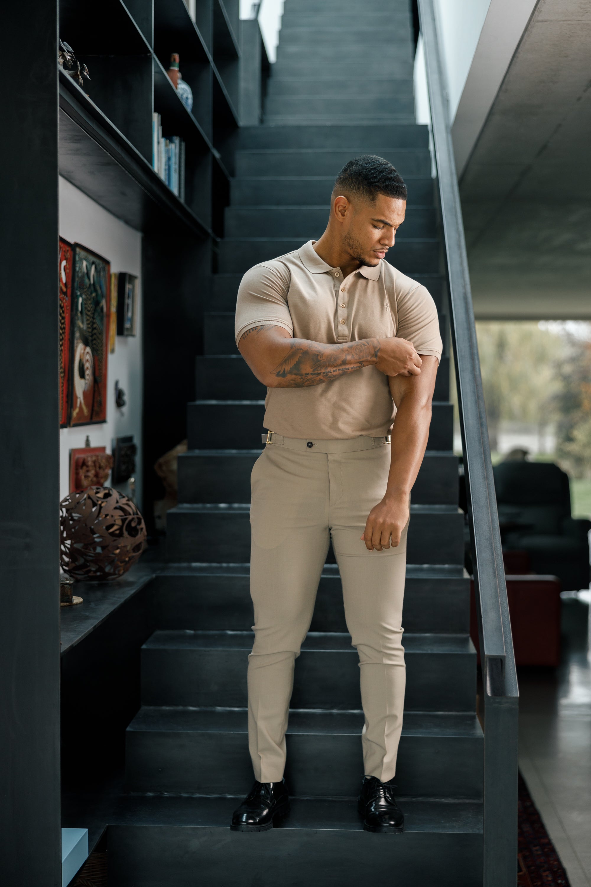 Slim Formal Beige Stretch Trousers With Gold Waist Adjusters - FST017