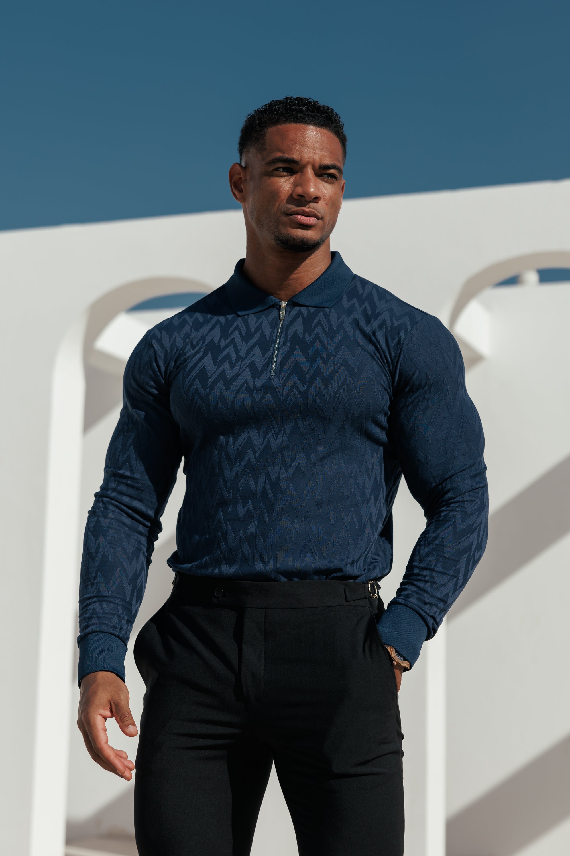 Classic Jacquard Navy Chevron Zipped Polo Long Sleeve - FSR045