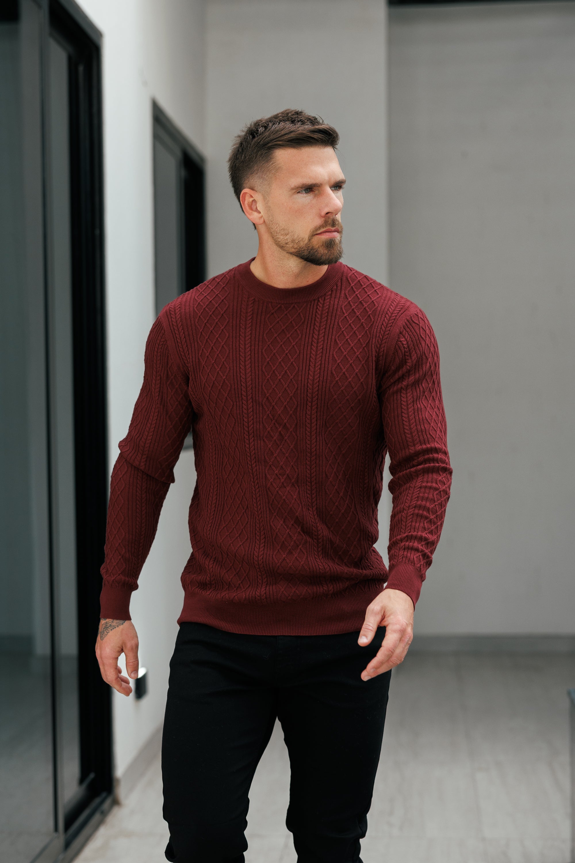Fine Knit Diamond Burgundy Jumper Long Sleeve - FSA008