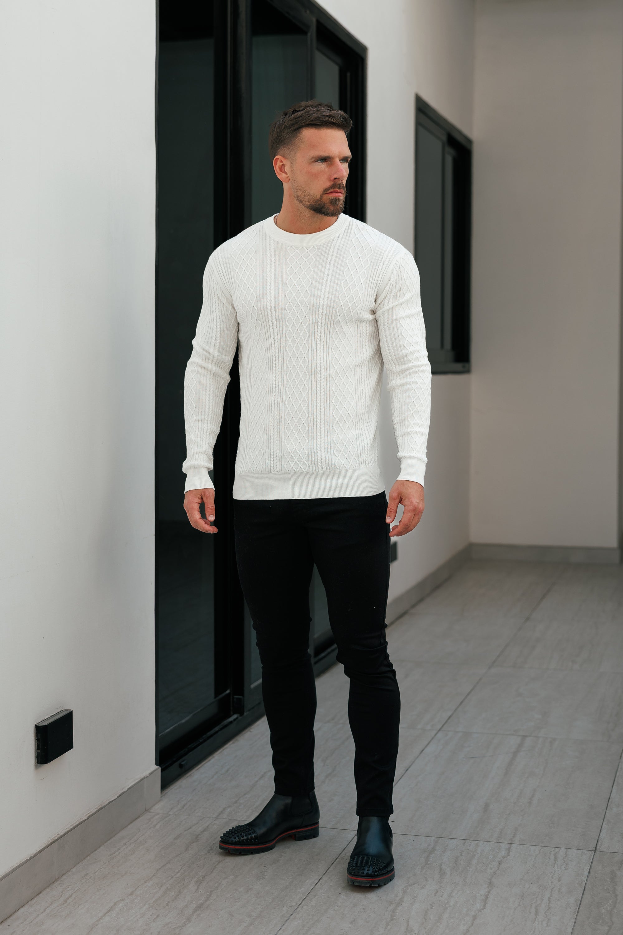 Fine Knit Diamond Off White Jumper Long Sleeve - FSA005