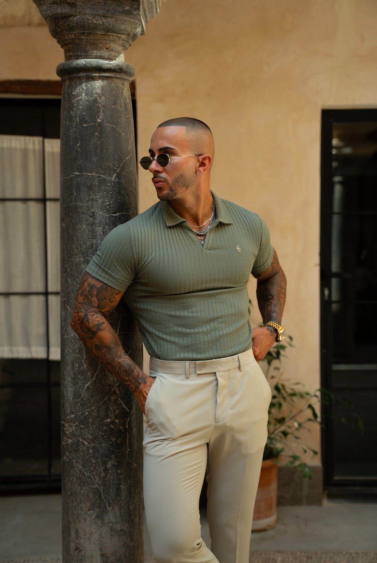 Olive / Silver Ribbed Revere Short Sleeve Polo Shirt - FSH1466