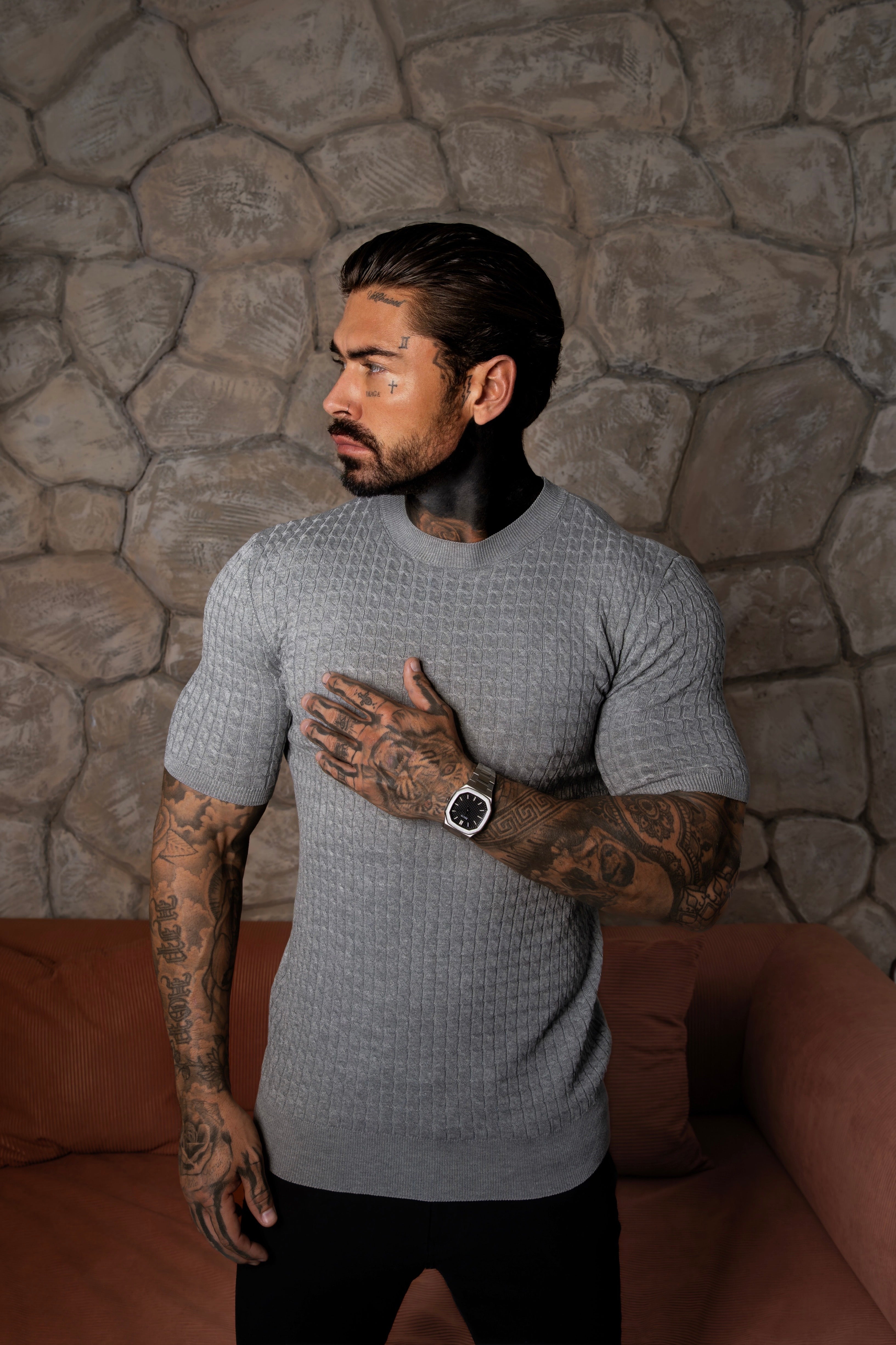 Front Chain Knit Crew T-Shirt Light Charcoal Short Sleeve - FSR058