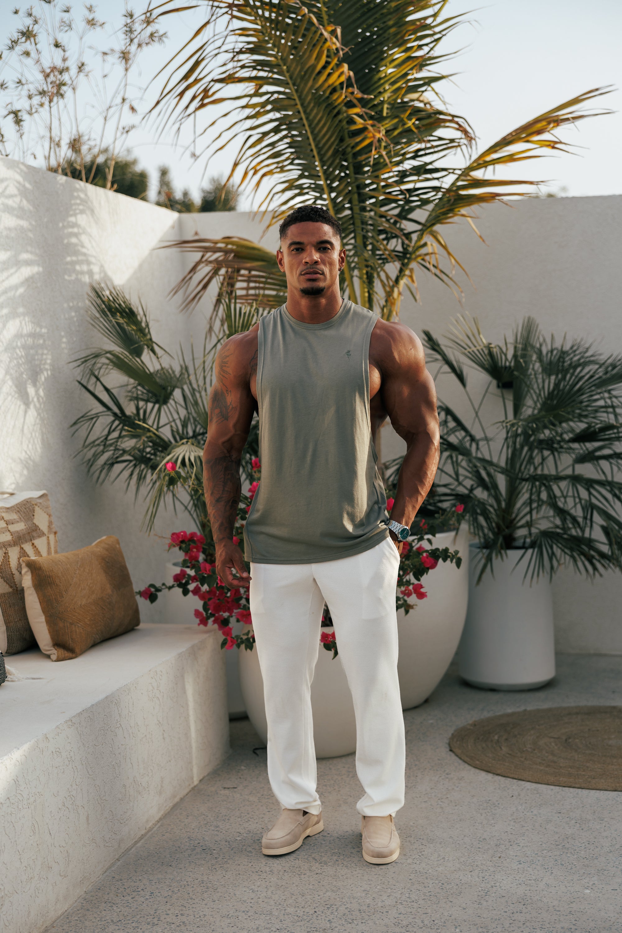 Classic Bamboo Dropped Armhole Olive Vest - FSH1341