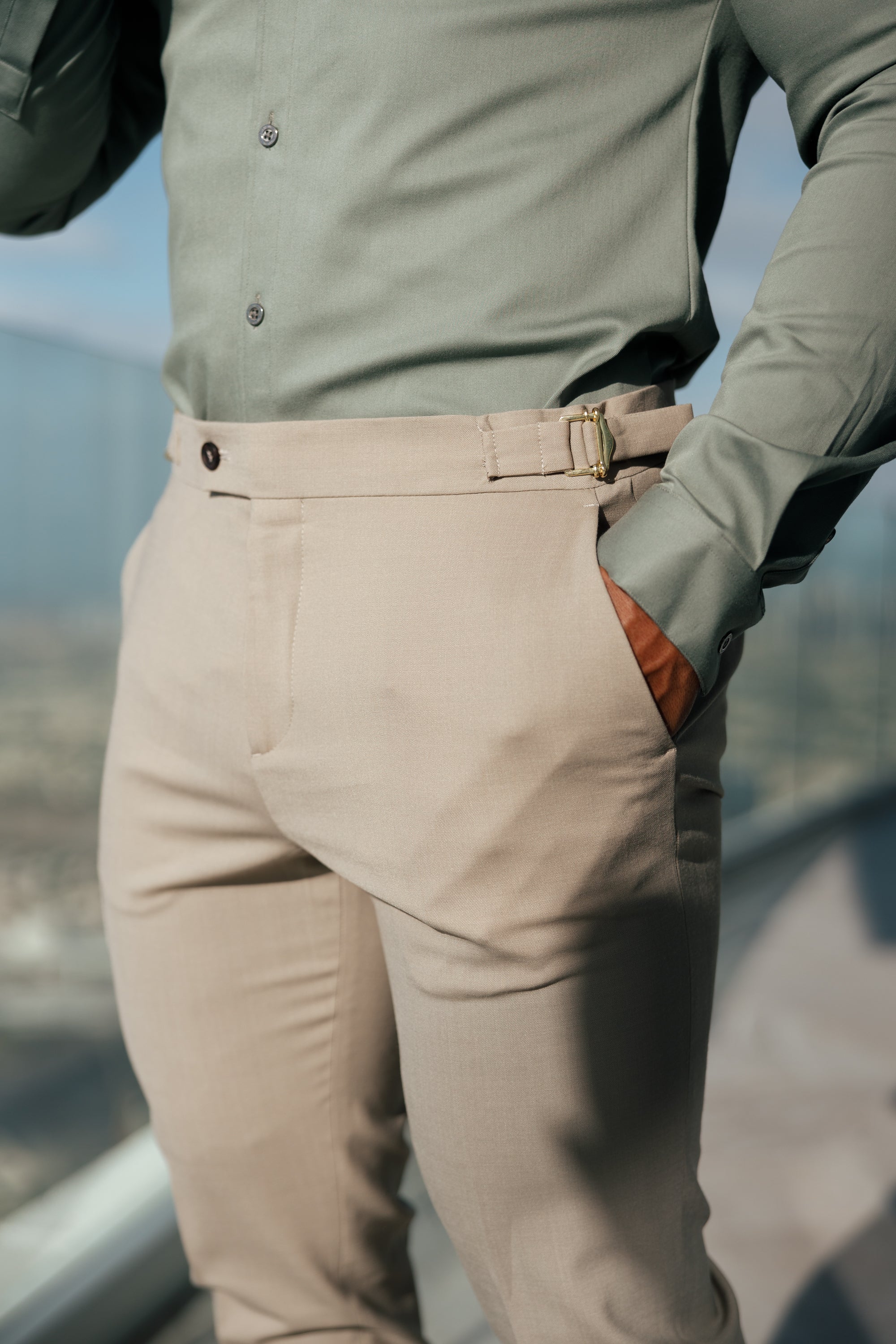 Slim Formal Beige Stretch Trousers With Gold Waist Adjusters - FST017