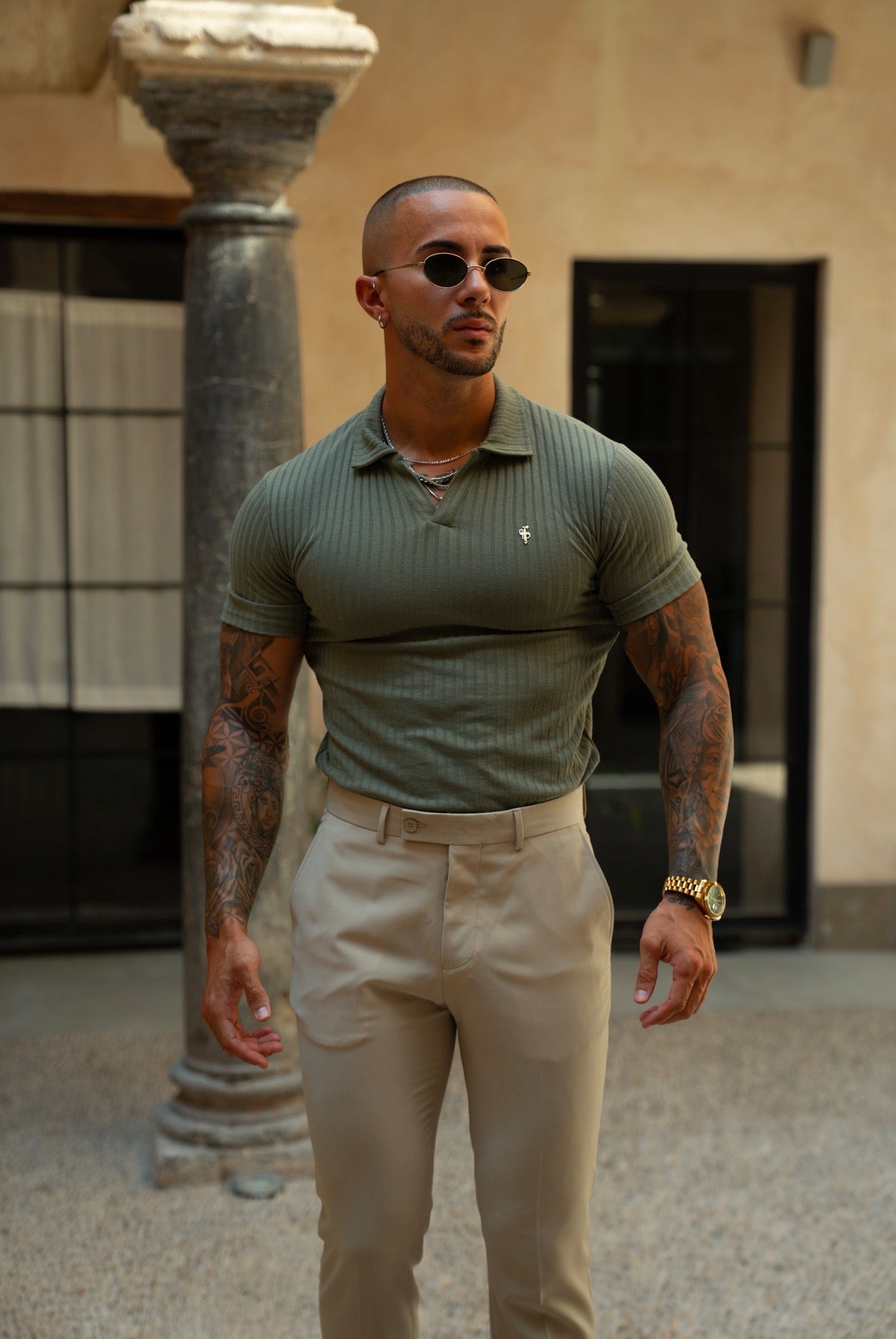 Olive / Silver Ribbed Revere Short Sleeve Polo Shirt - FSH1466