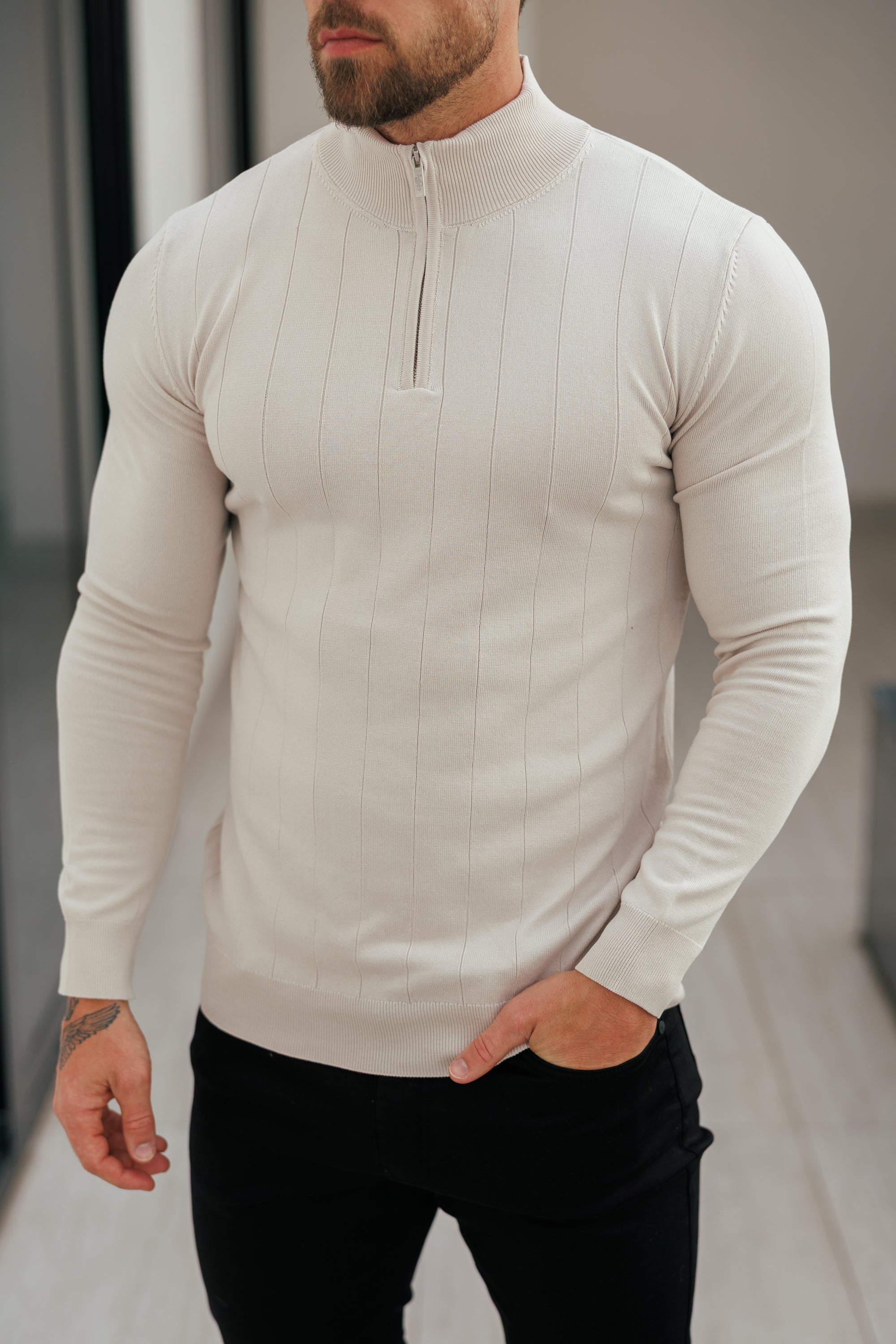 Self Stripe 1/4 Zip Funnel Neck Knit Jumper Cream Long Sleeve - FSR052