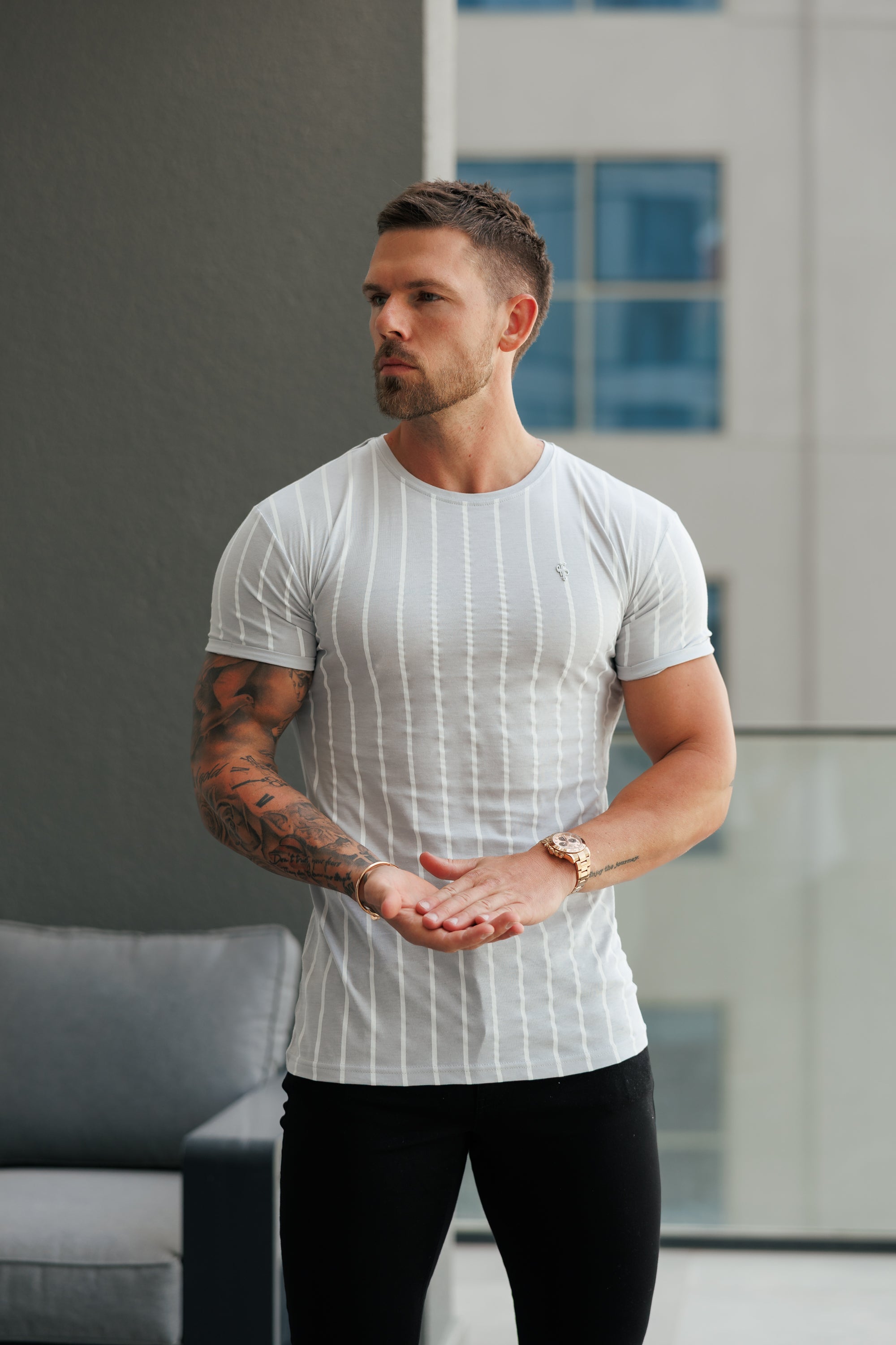 Printed Light Grey / White Stripe Fitted T Shirt - FSH1172