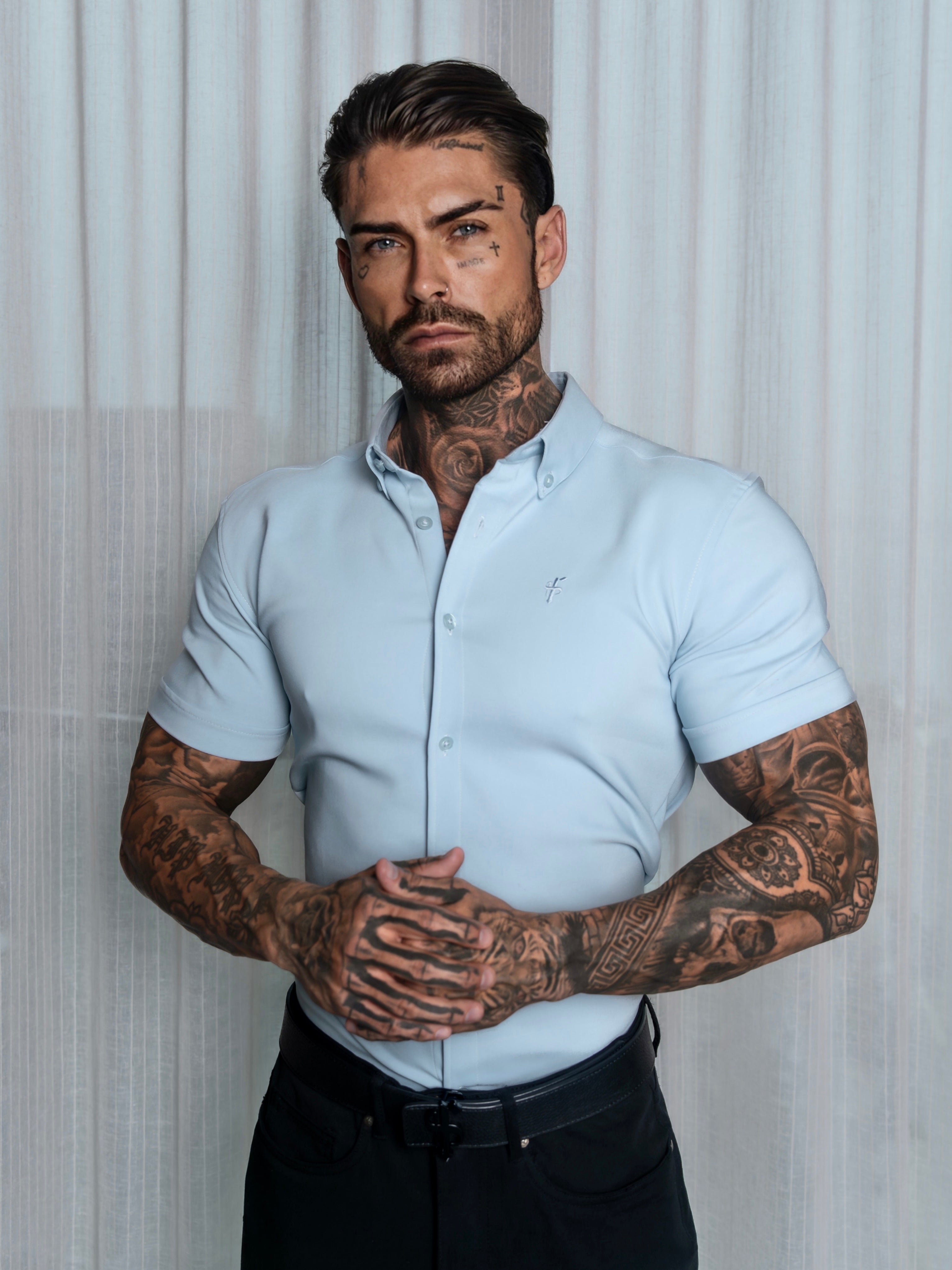 Super Slim SS Powder Blue Scuba with Button Down Collar - FS1121