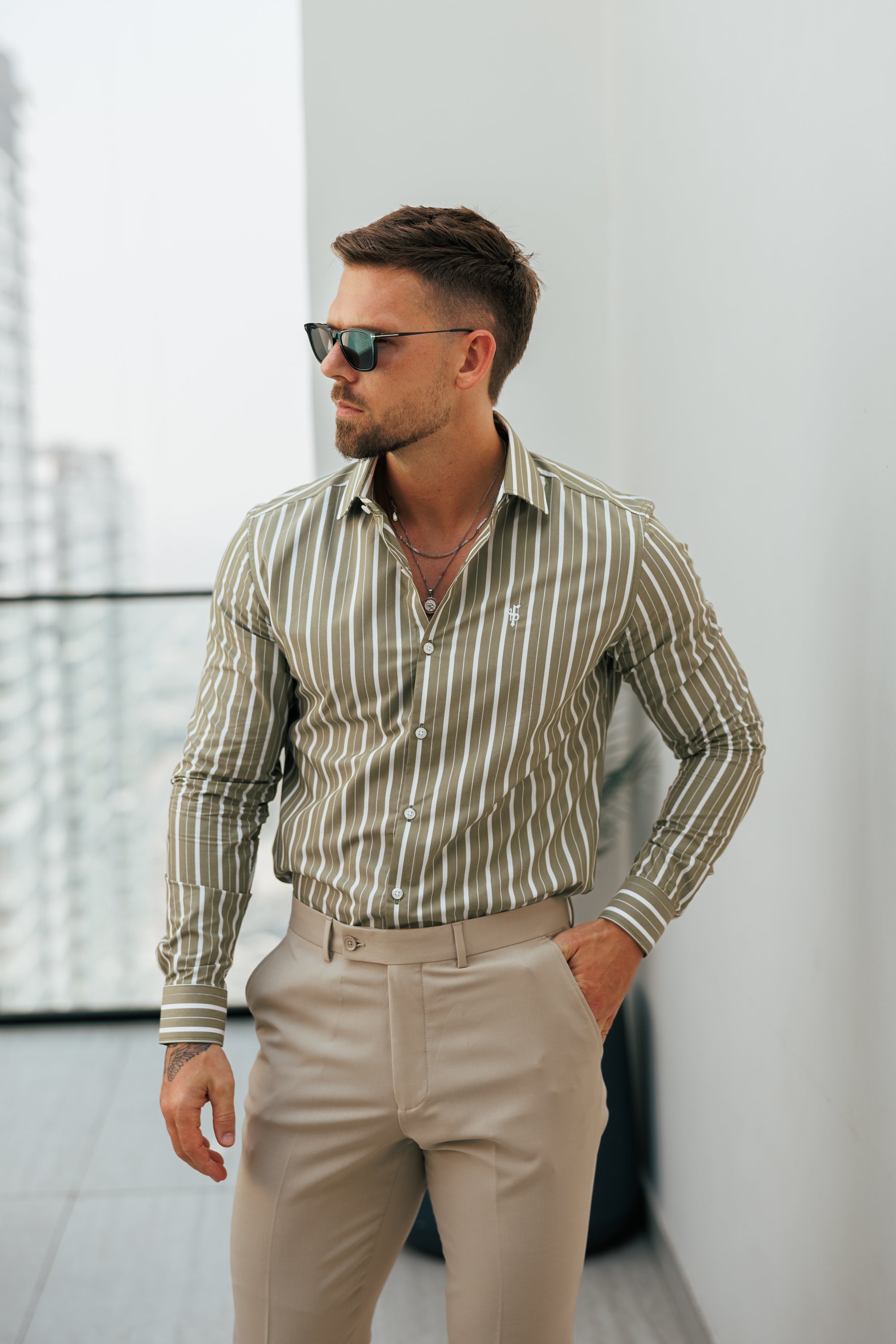 Classic Sage Green / White Stripe Long Sleeve with Cutaway Collar - FS1176