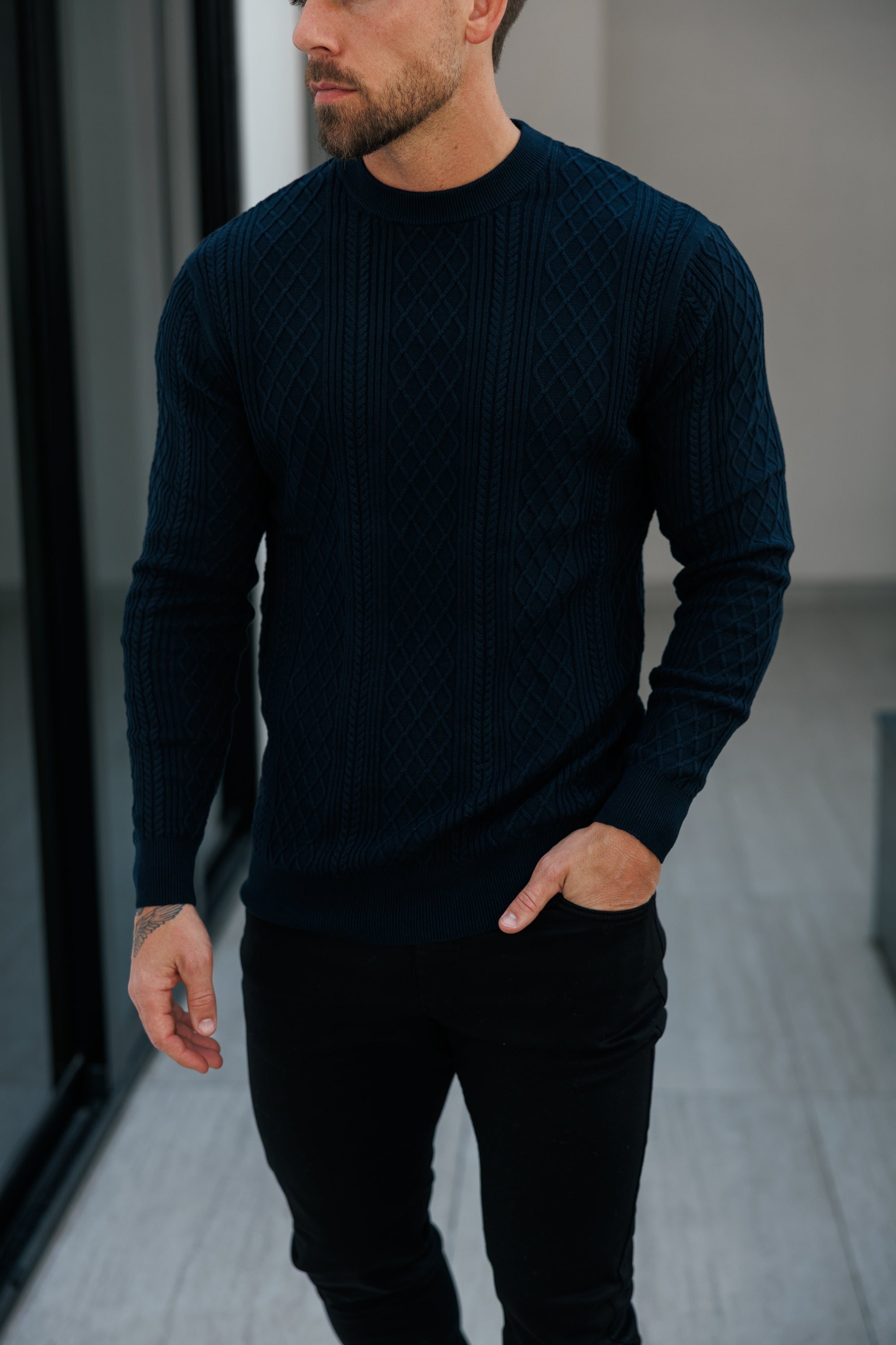 Fine Knit Diamond Navy Jumper Long Sleeve - FSA007