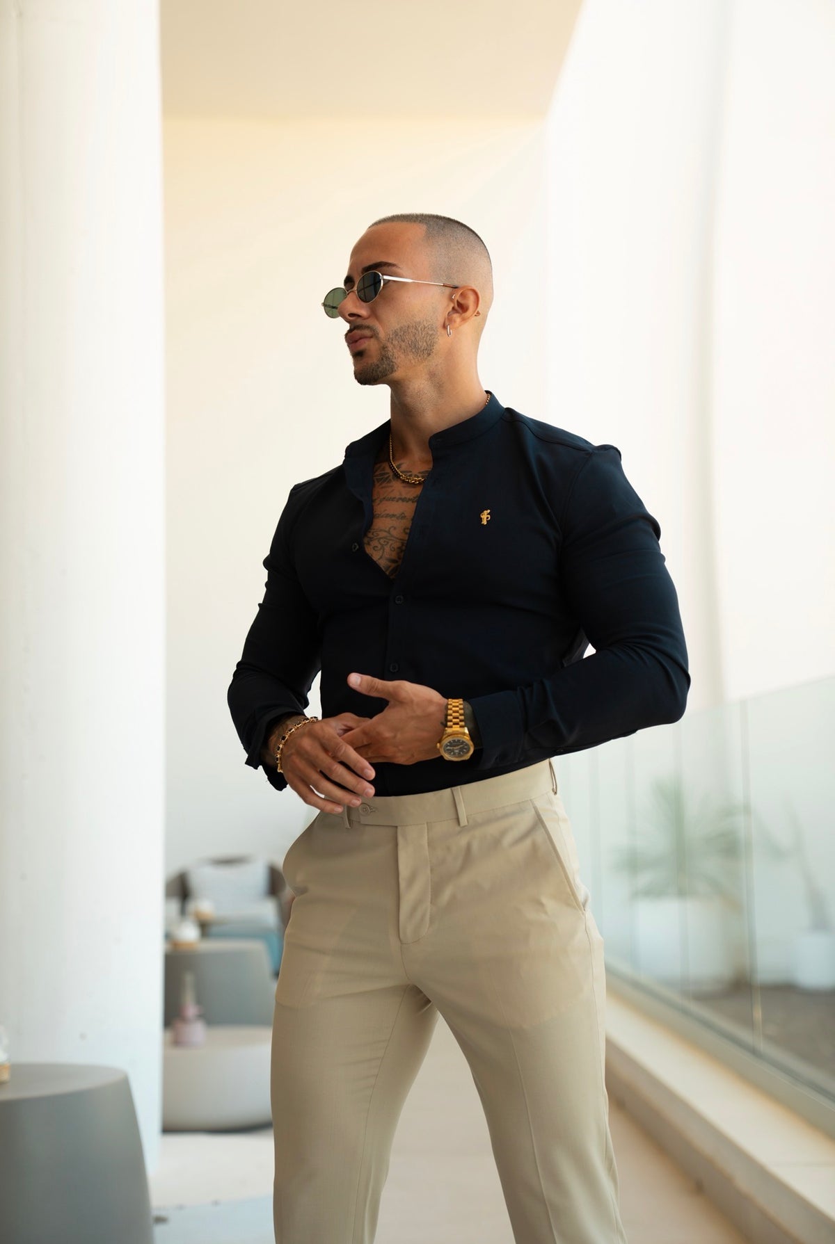 Super Slim Scuba Navy Long Sleeve Stretch With Grandad Collar With Gold Decal - FS1265