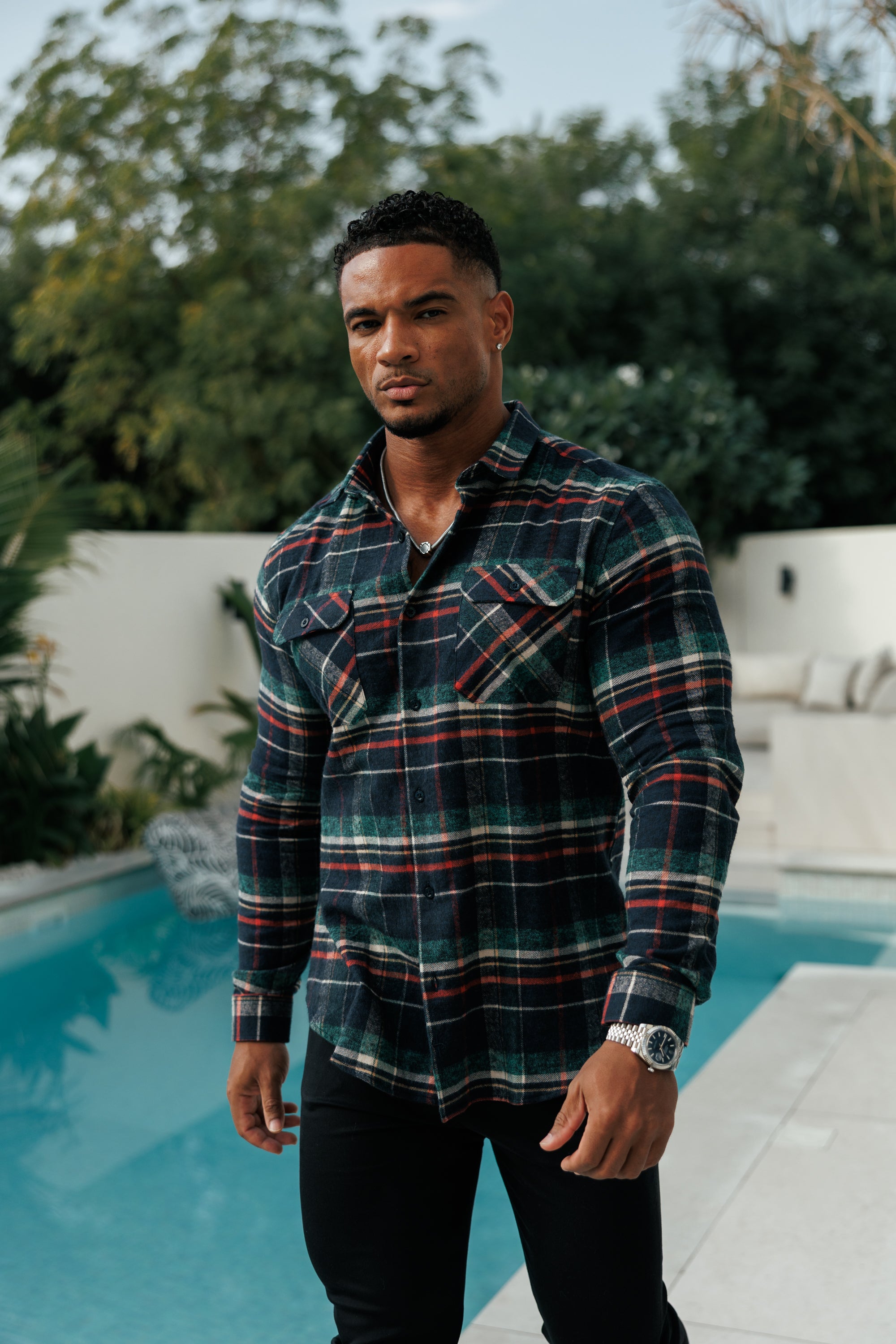 Navy / Green / Rust Check Shacket With Double Pockets - FS1198