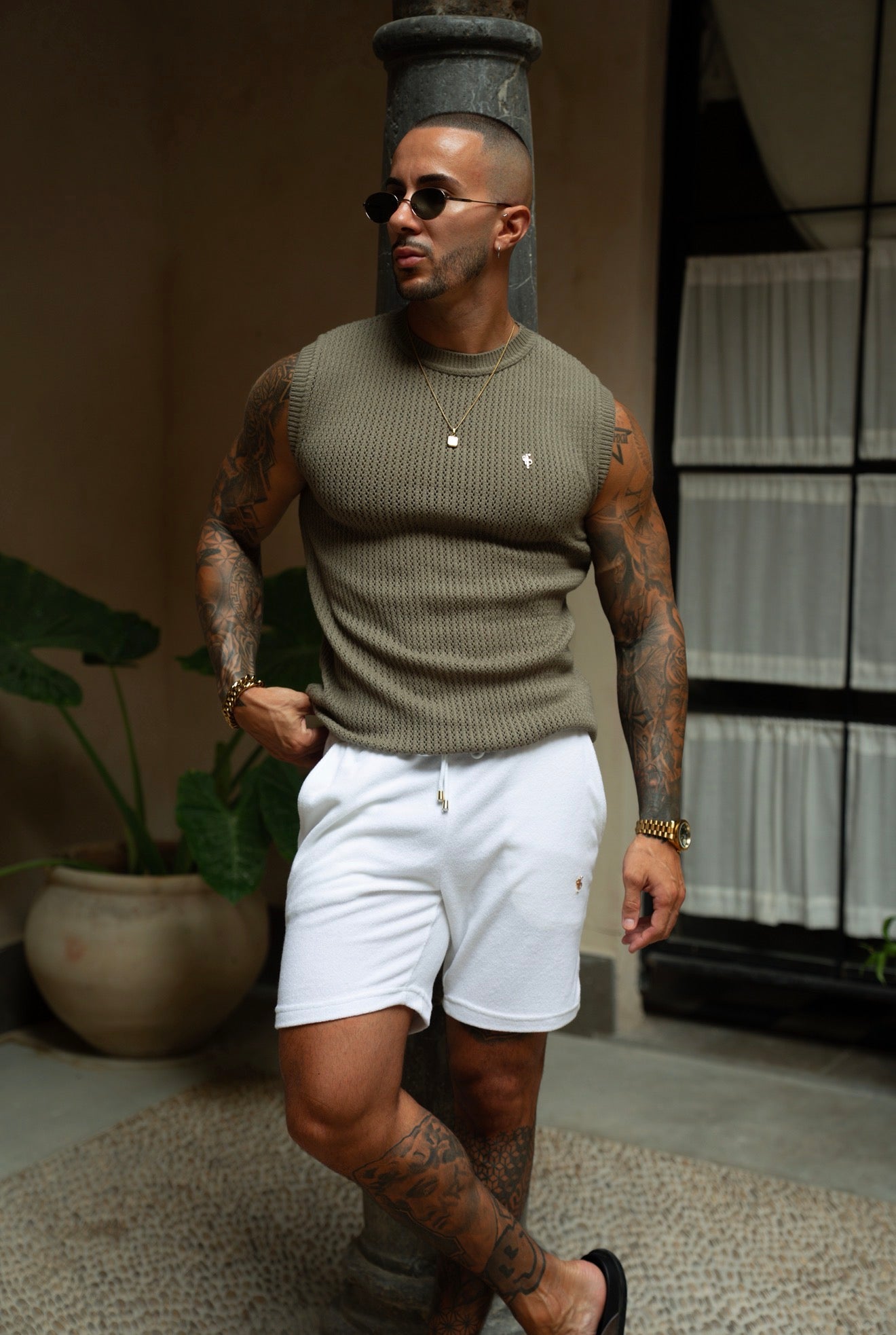 Dark Khaki / Silver Viscose Crochet Knitted Vest - FSJ193