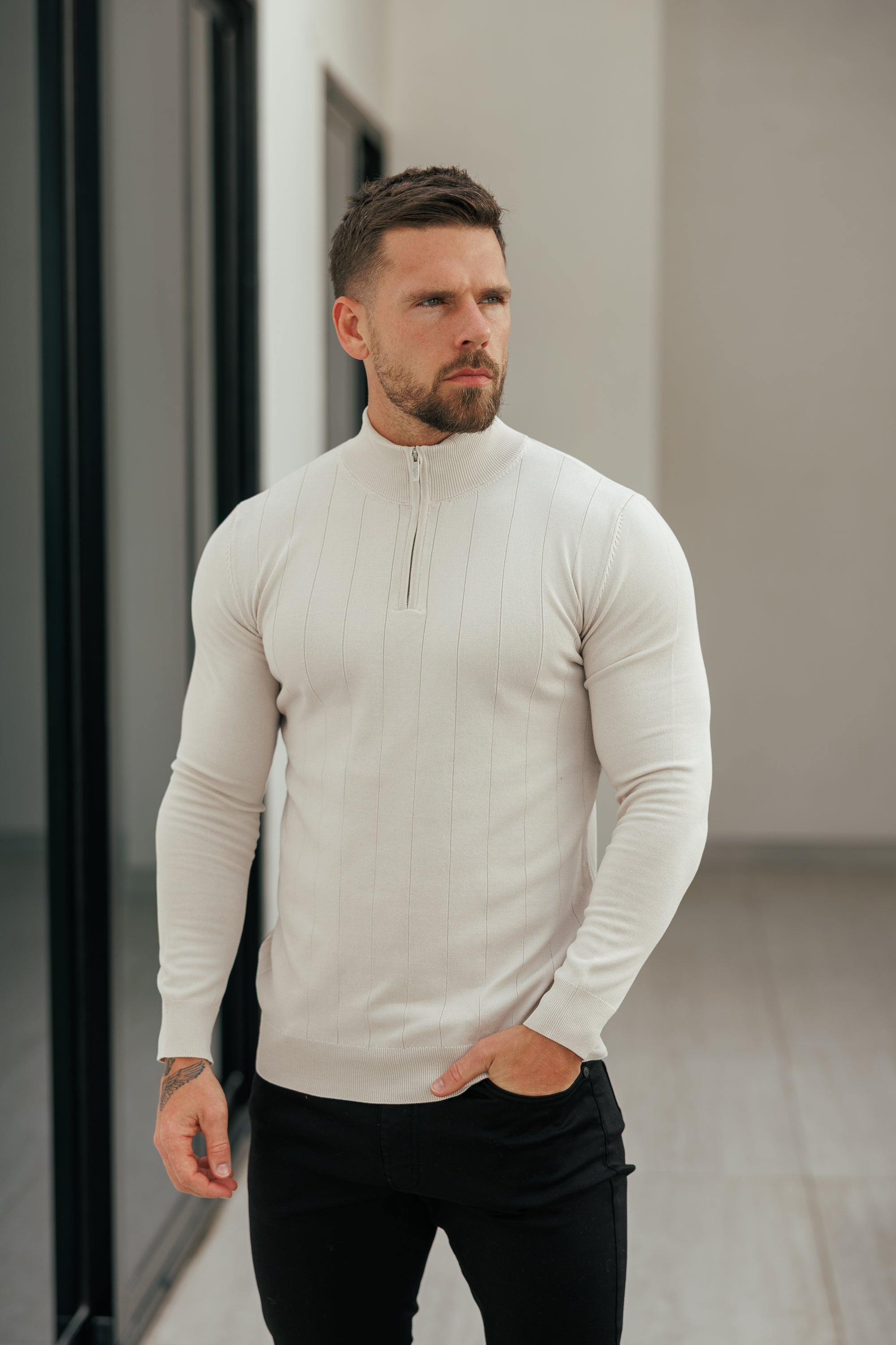 Self Stripe 1/4 Zip Funnel Neck Knit Jumper Cream Long Sleeve - FSR052