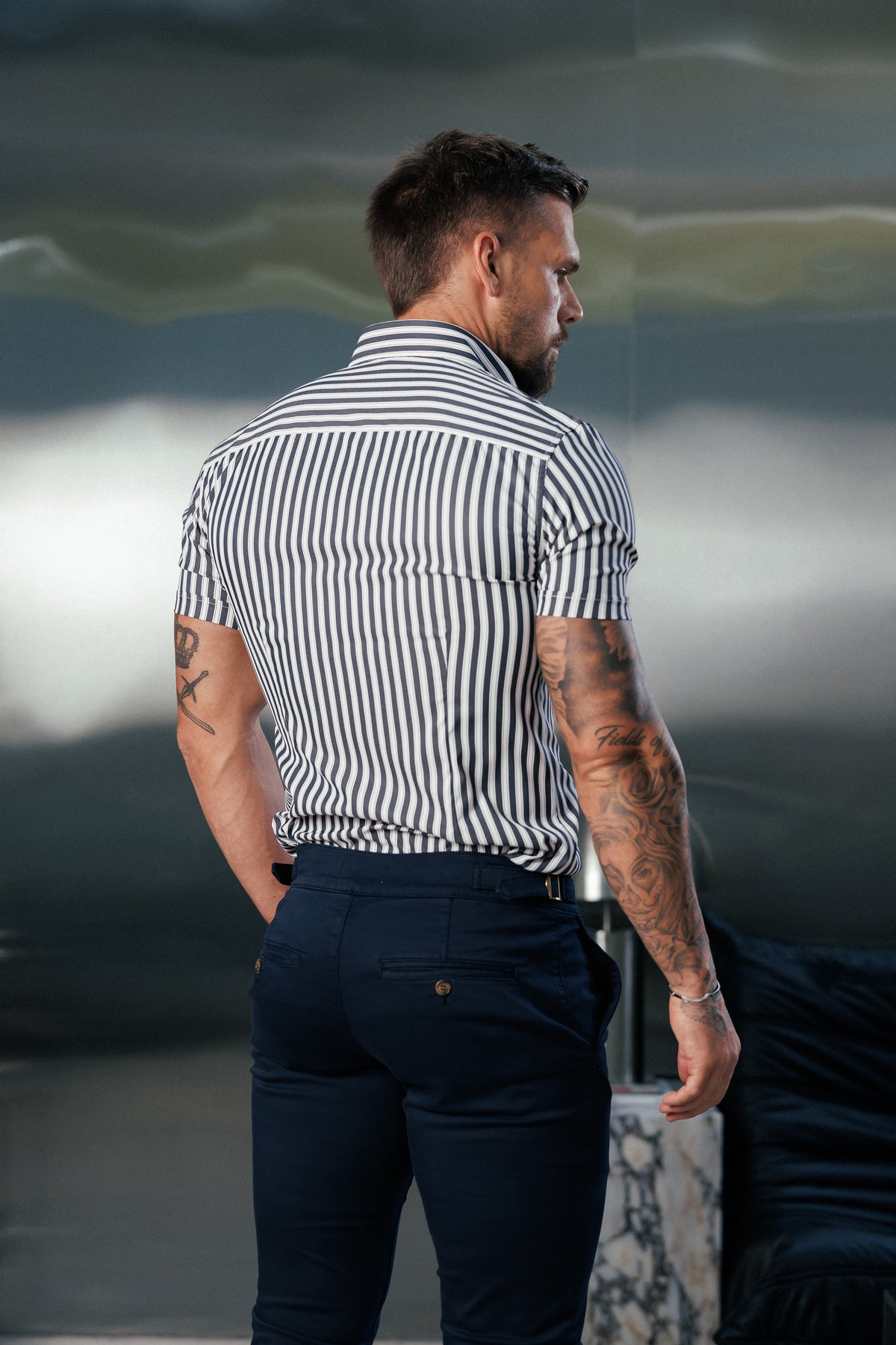 Super Slim Stretch Sateen Touch White / Navy Double Stripe Short Sleeve - FS1288