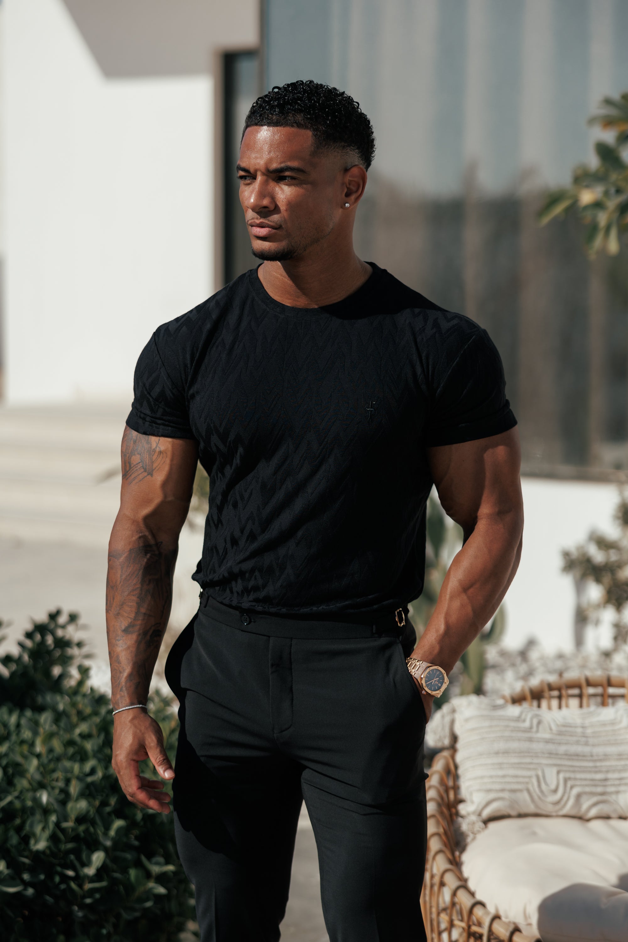 Regular Fit Jacquard Black Chevron T-Shirt - FSR046 (PRE ORDER 15TH JUNE)