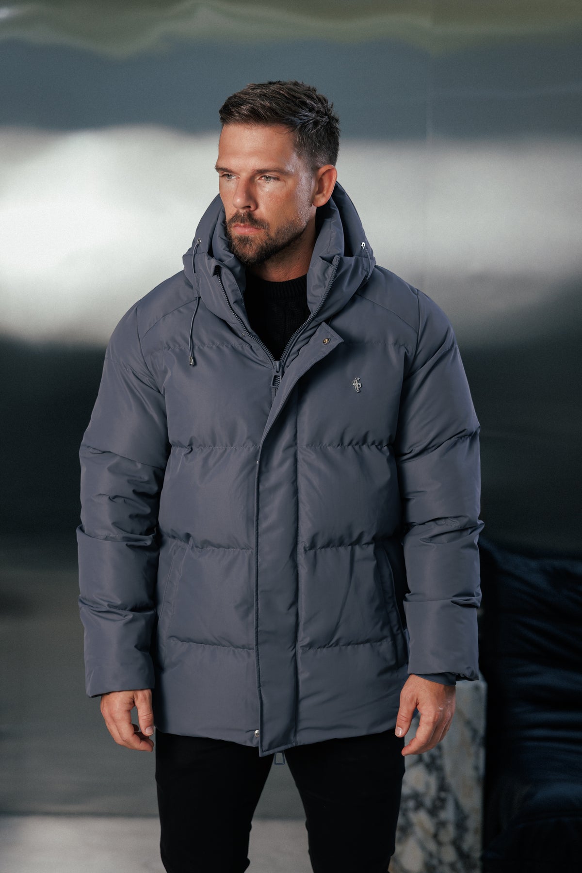 Gunmetal Padded Coat with Hood - FSN237 (PRE ORDER 24TH OCTOBER)