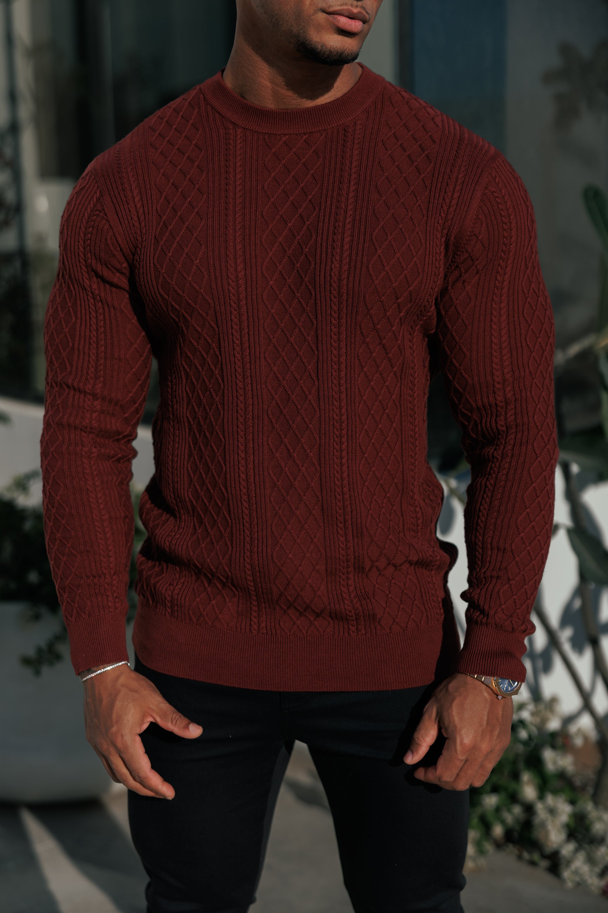 Fine Knit Diamond Burgundy Jumper Long Sleeve - FSA008