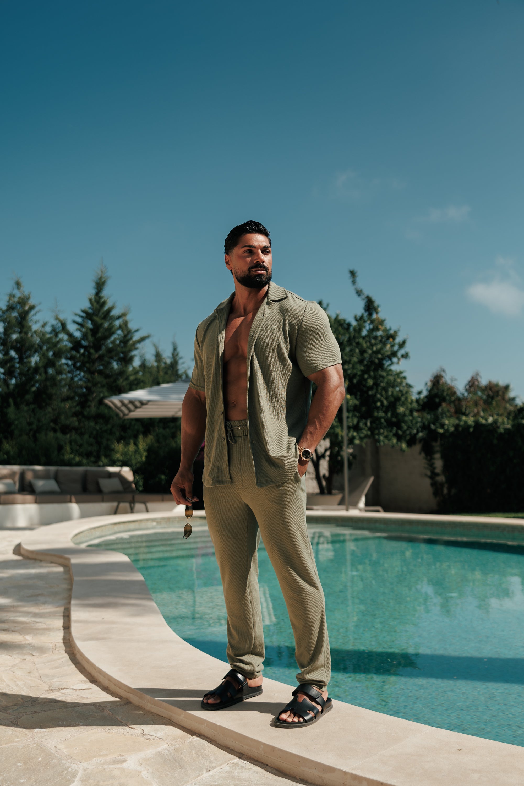 Jersey Cord Stretch Olive Revere Shirt Short Sleeve - FSR072