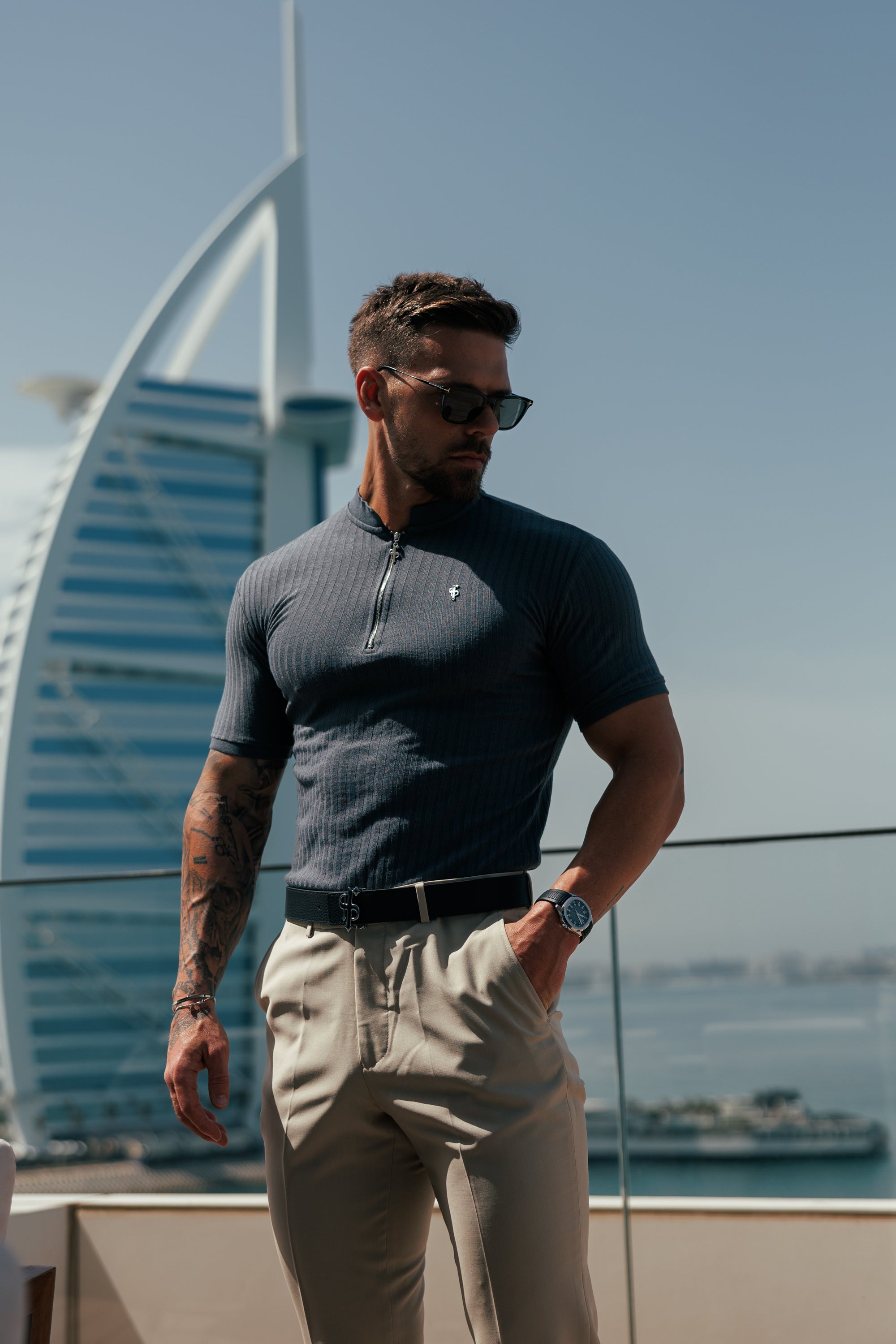 Classic Charcoal / Silver Ribbed Zip Grandad Collar Shirt Short Sleeve - FSH1448