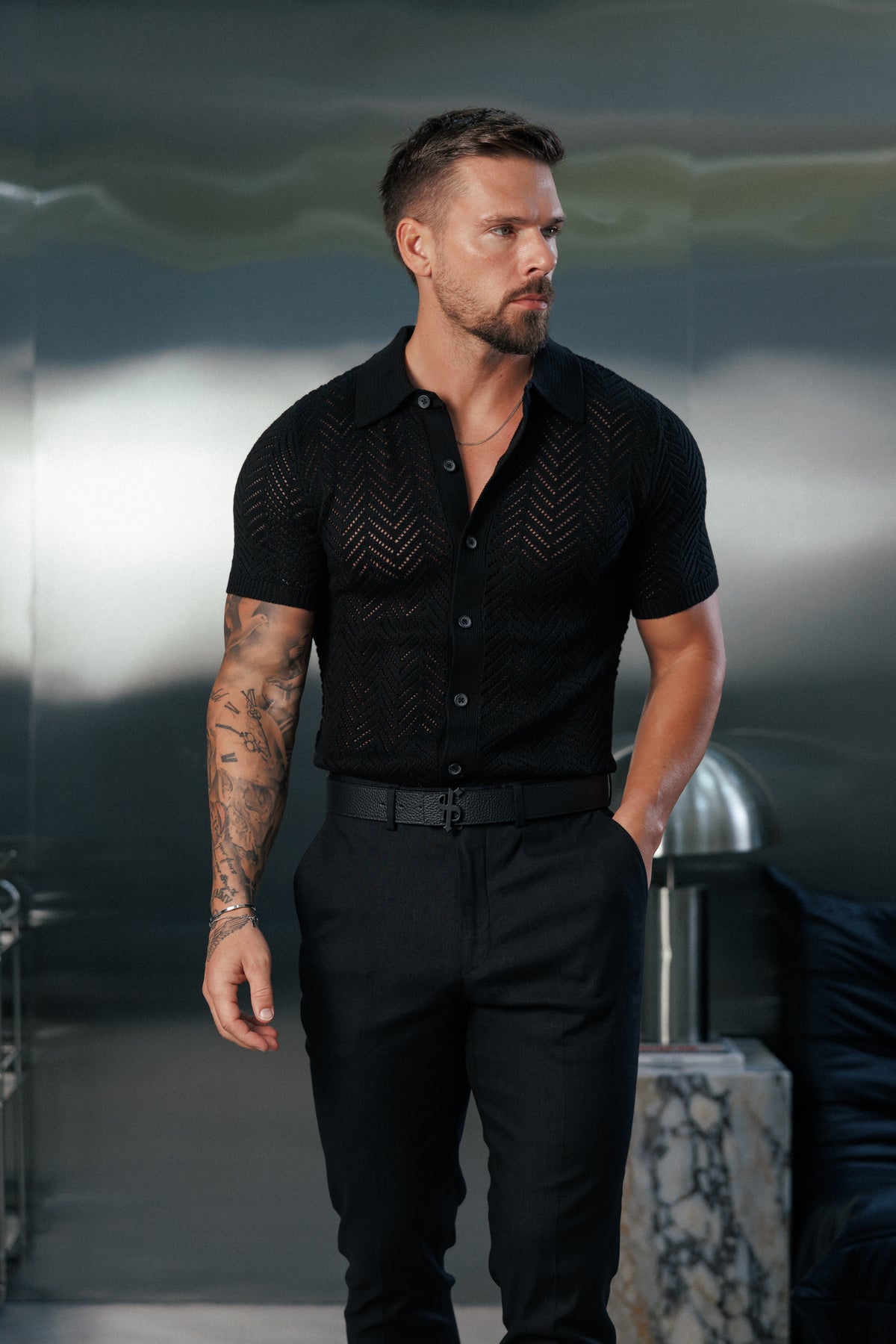 Black Chevron Perforated Shirt Short Sleeve - FSA013
