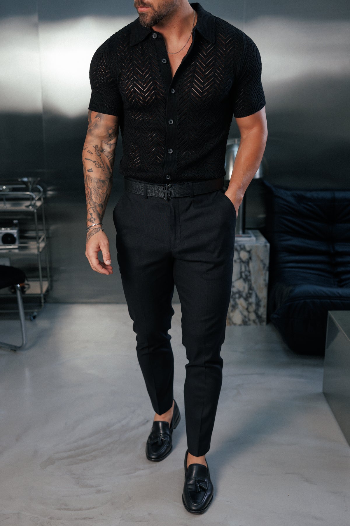 Black Chevron Perforated Shirt Short Sleeve - FSA013