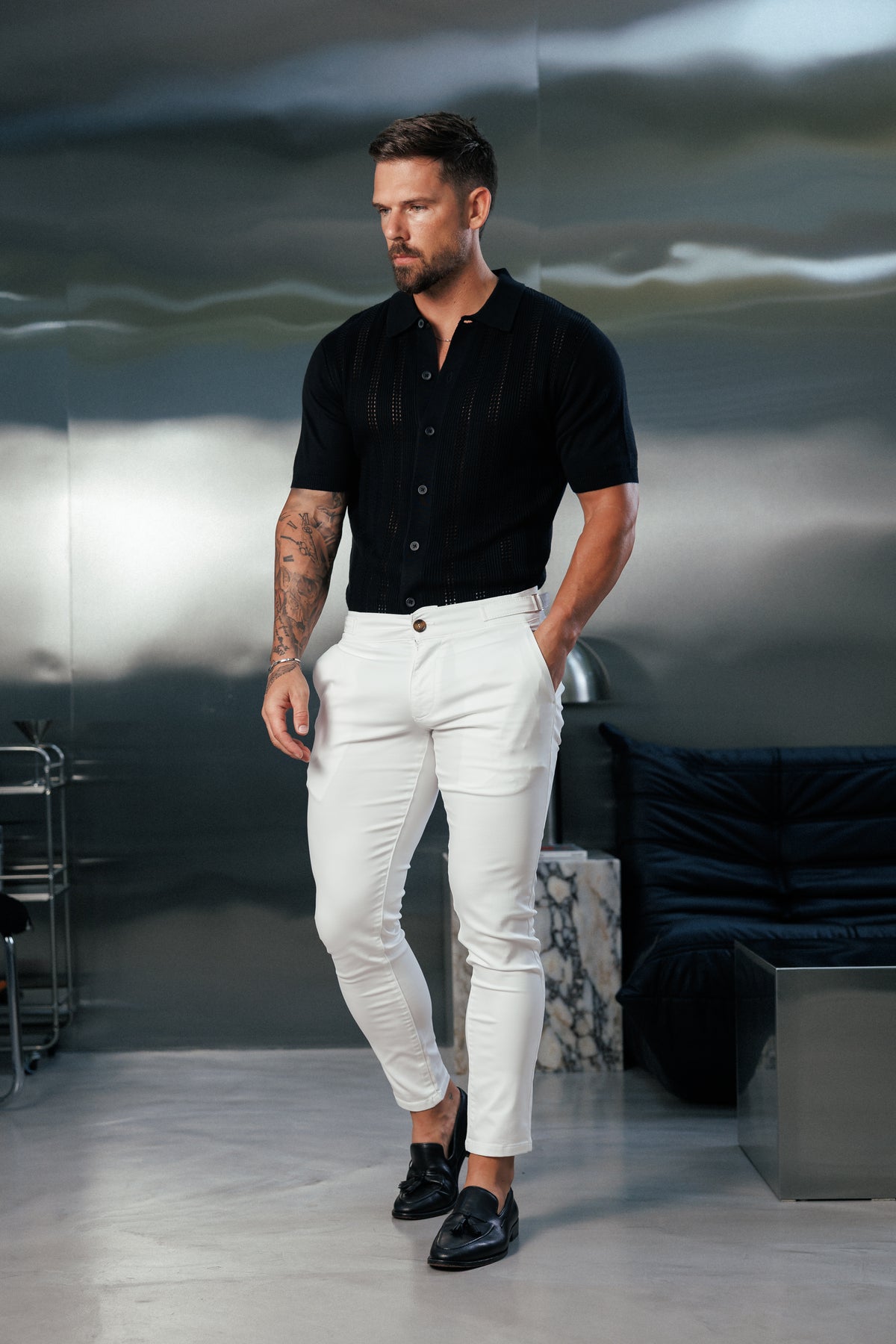 Black Stripe Perforated Shirt Short Sleeve - FSA019
