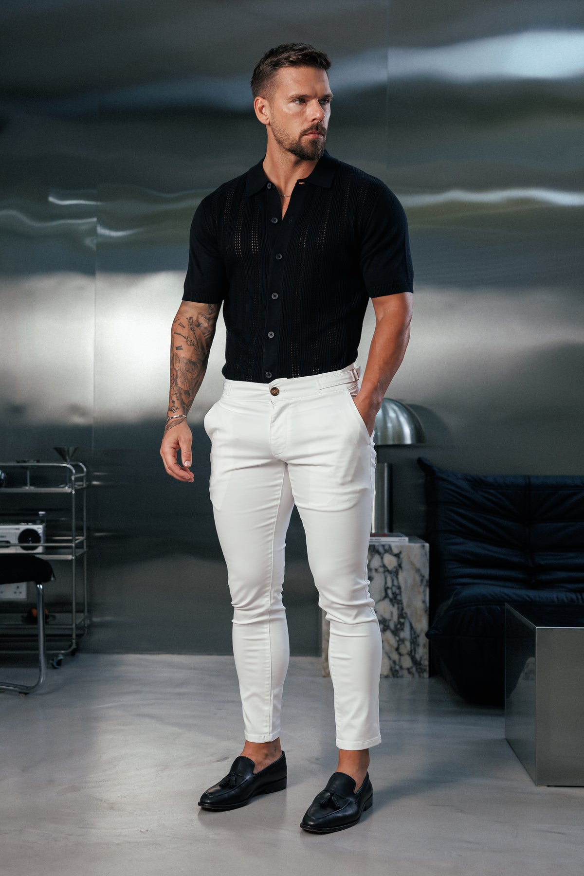 Black Stripe Perforated Shirt Short Sleeve - FSA019
