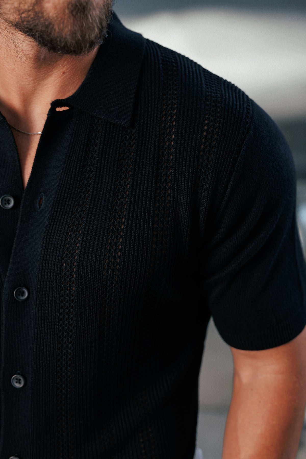 Black Stripe Perforated Shirt Short Sleeve - FSA019
