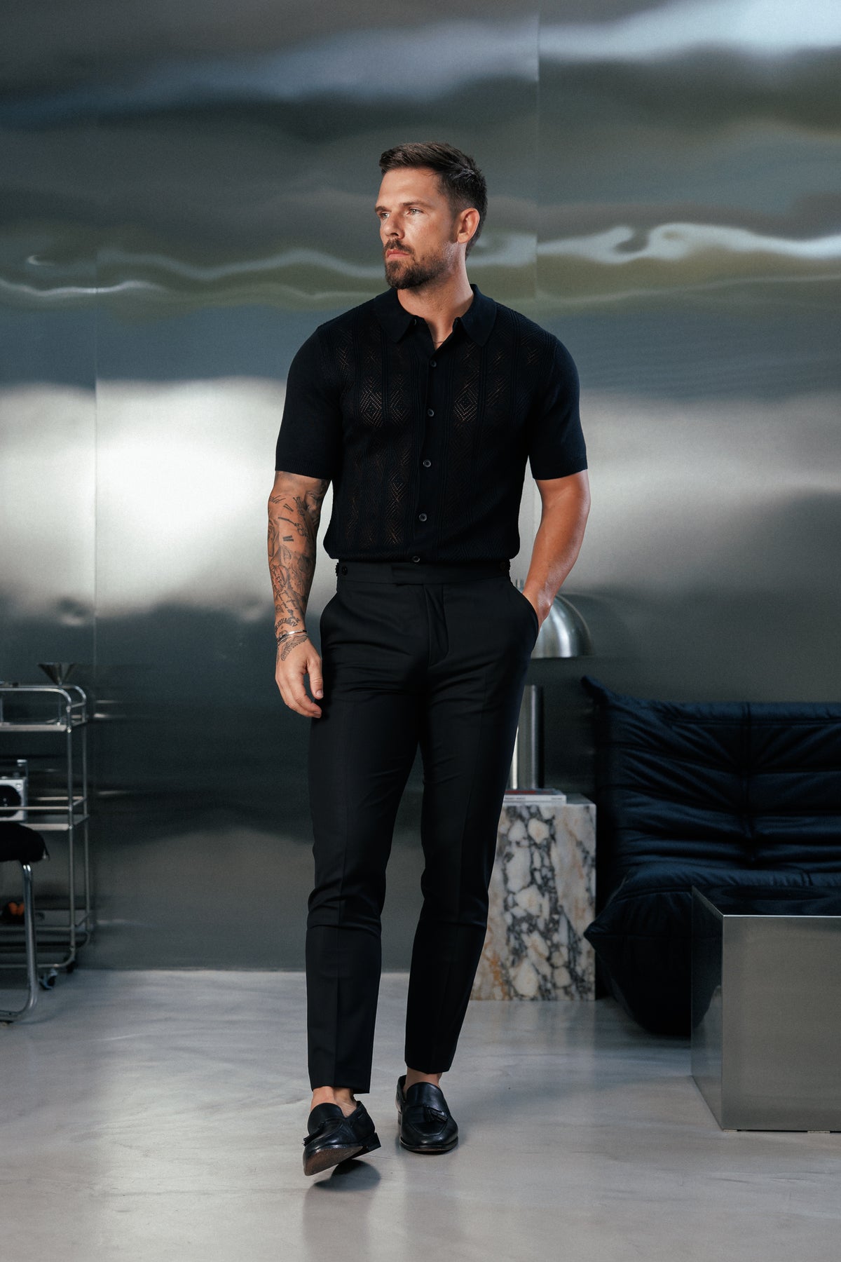 Black Diamond Stripe Perforated Shirt Short Sleeve - FSA022