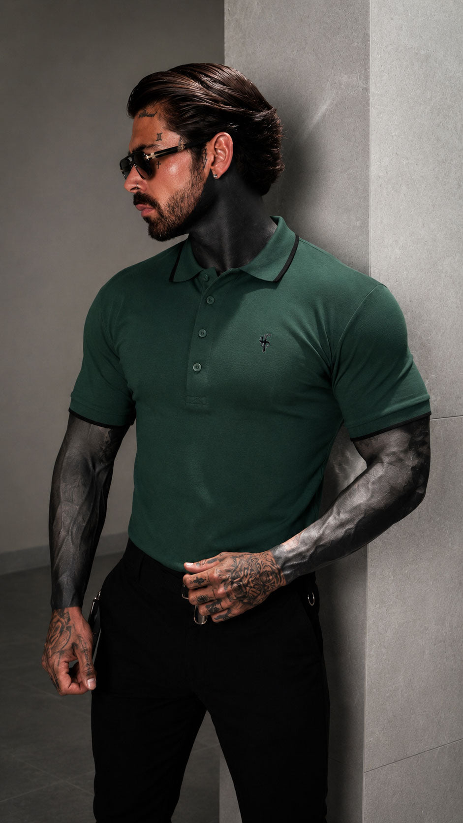 Forest Green / Black Polo Shirt With Contrast Collar and Sleeve - FSH1677