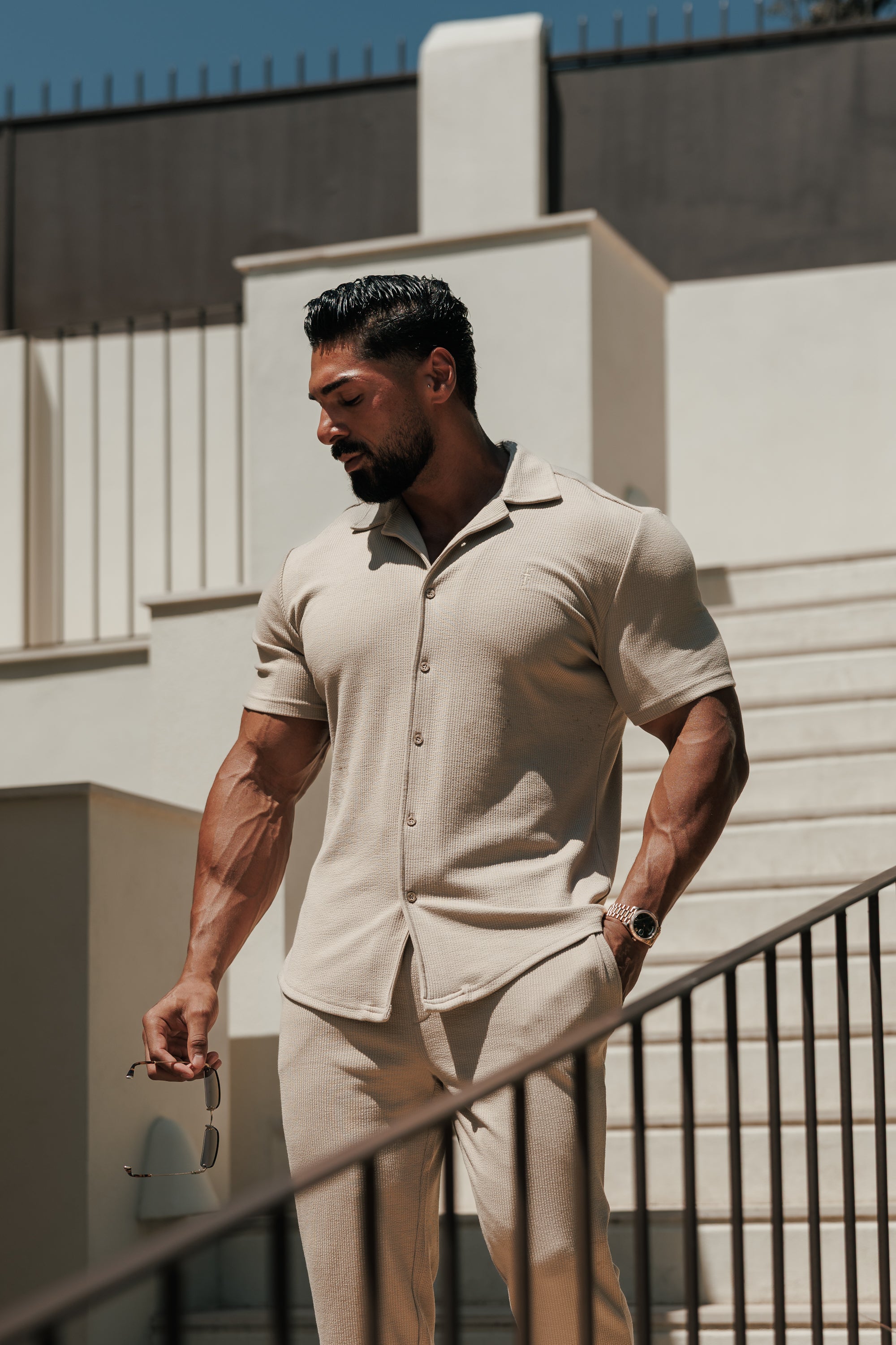 Jersey Cord Stretch Beige Revere Shirt Short Sleeve - FSR073 (PRE ORDER 27TH JULY)