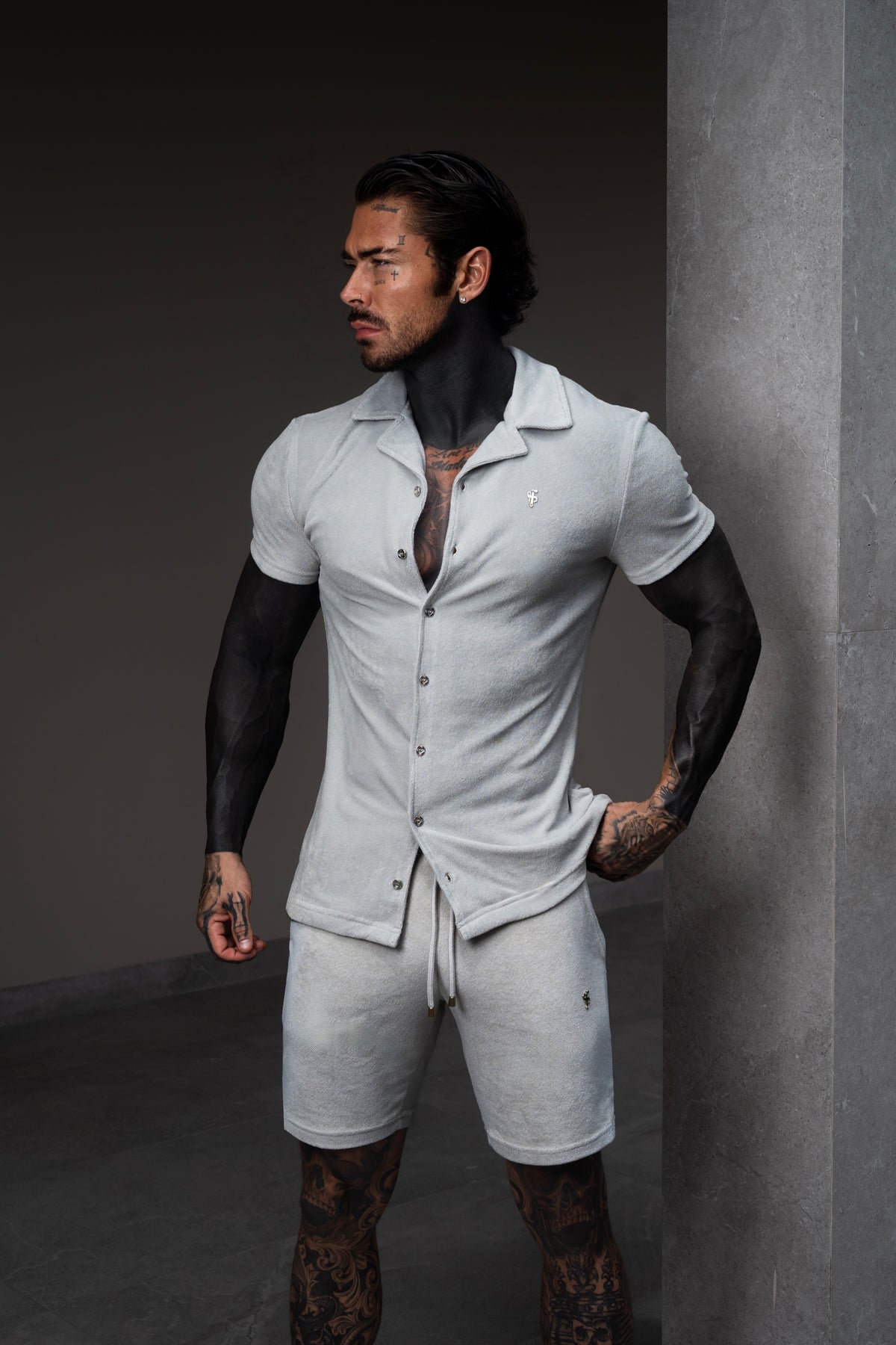 Light Grey Towelling Revere Shirt Short Sleeve - FSH1497