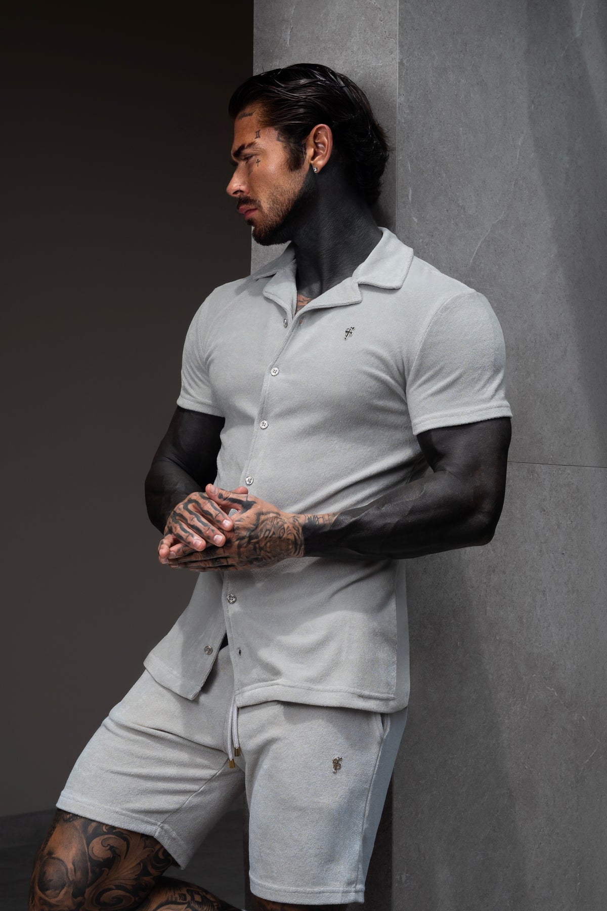 Light Grey Towelling Revere Shirt Short Sleeve - FSH1497