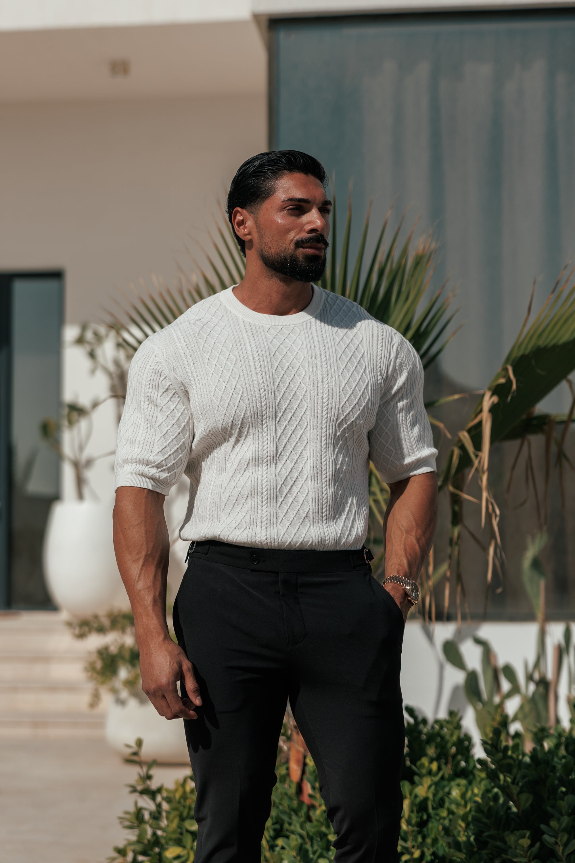 Fine Knit Diamond Off White Jumper Short Sleeve - FSA009