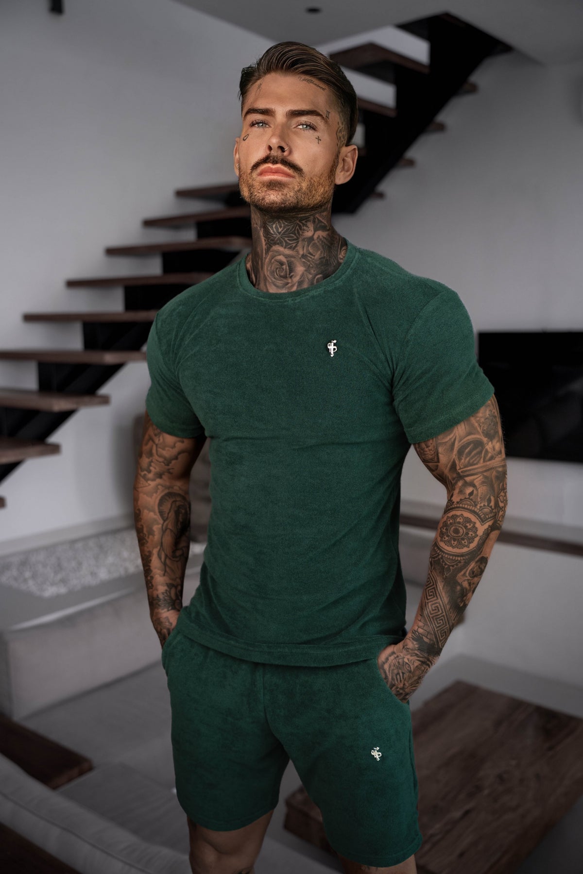 Forest Green / Silver Towelling Crew T Shirt - FSH1347 (PRE ORDER 12TH OCTOBER)