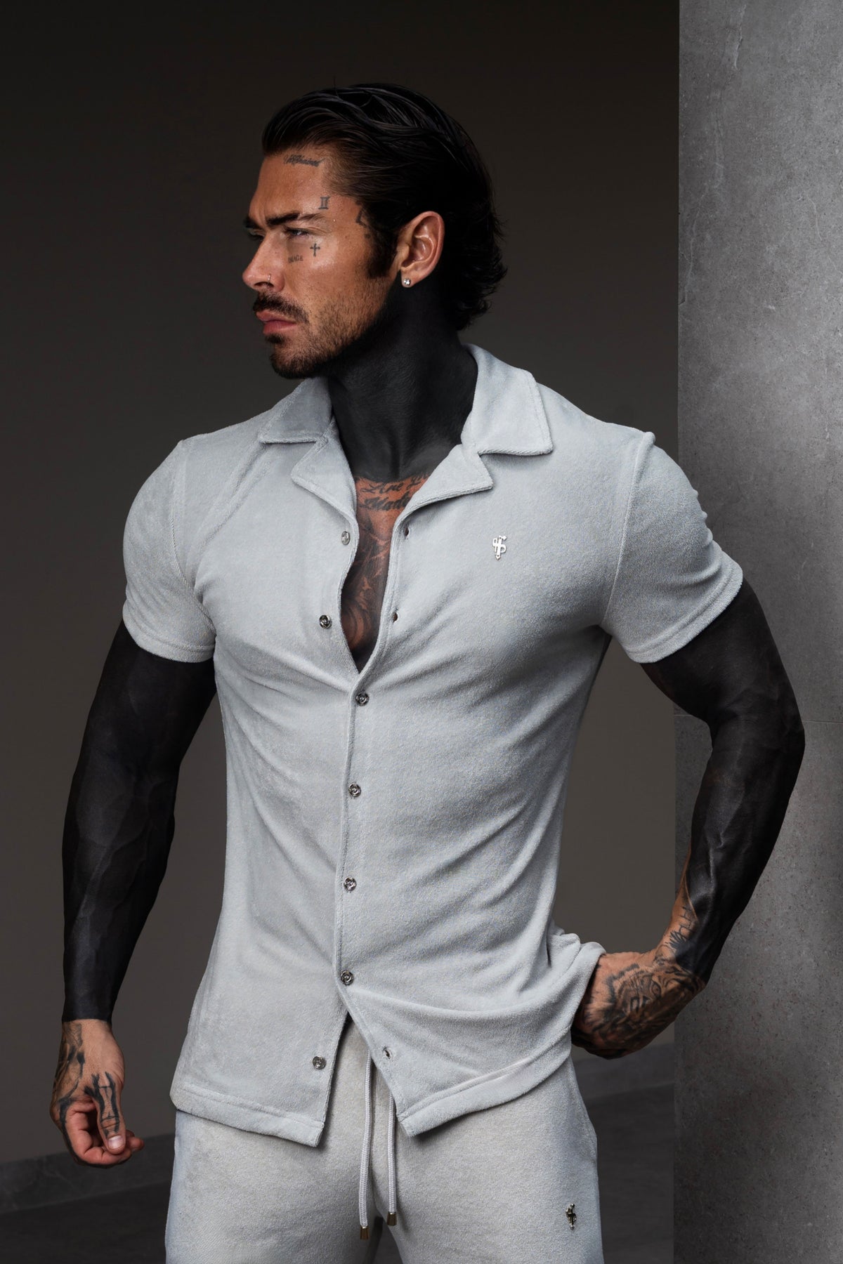 Light Grey Towelling Revere Shirt Short Sleeve - FSH1497