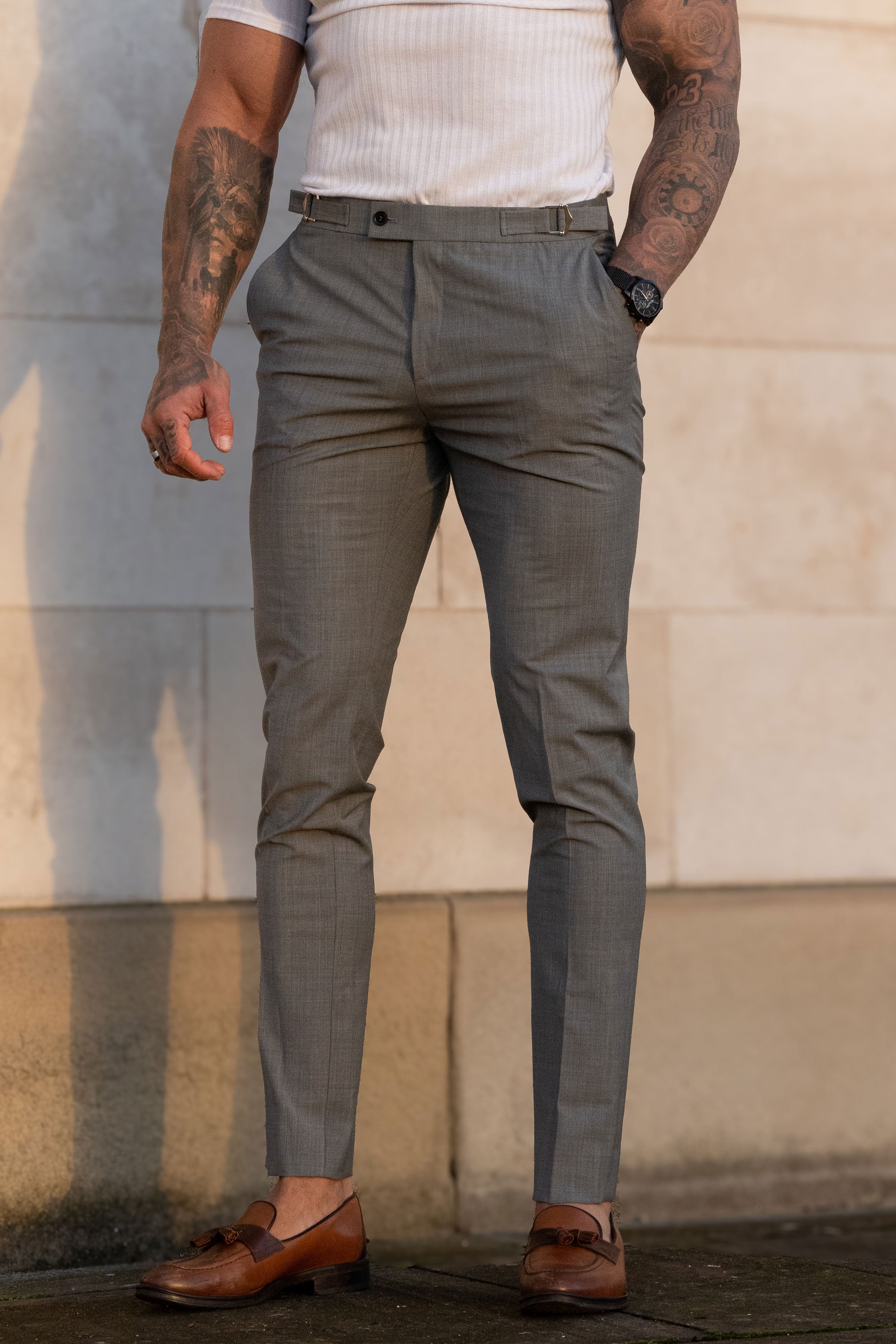 Slim Formal Grey Marl Stretch Trousers with Side Adjusters - FST021