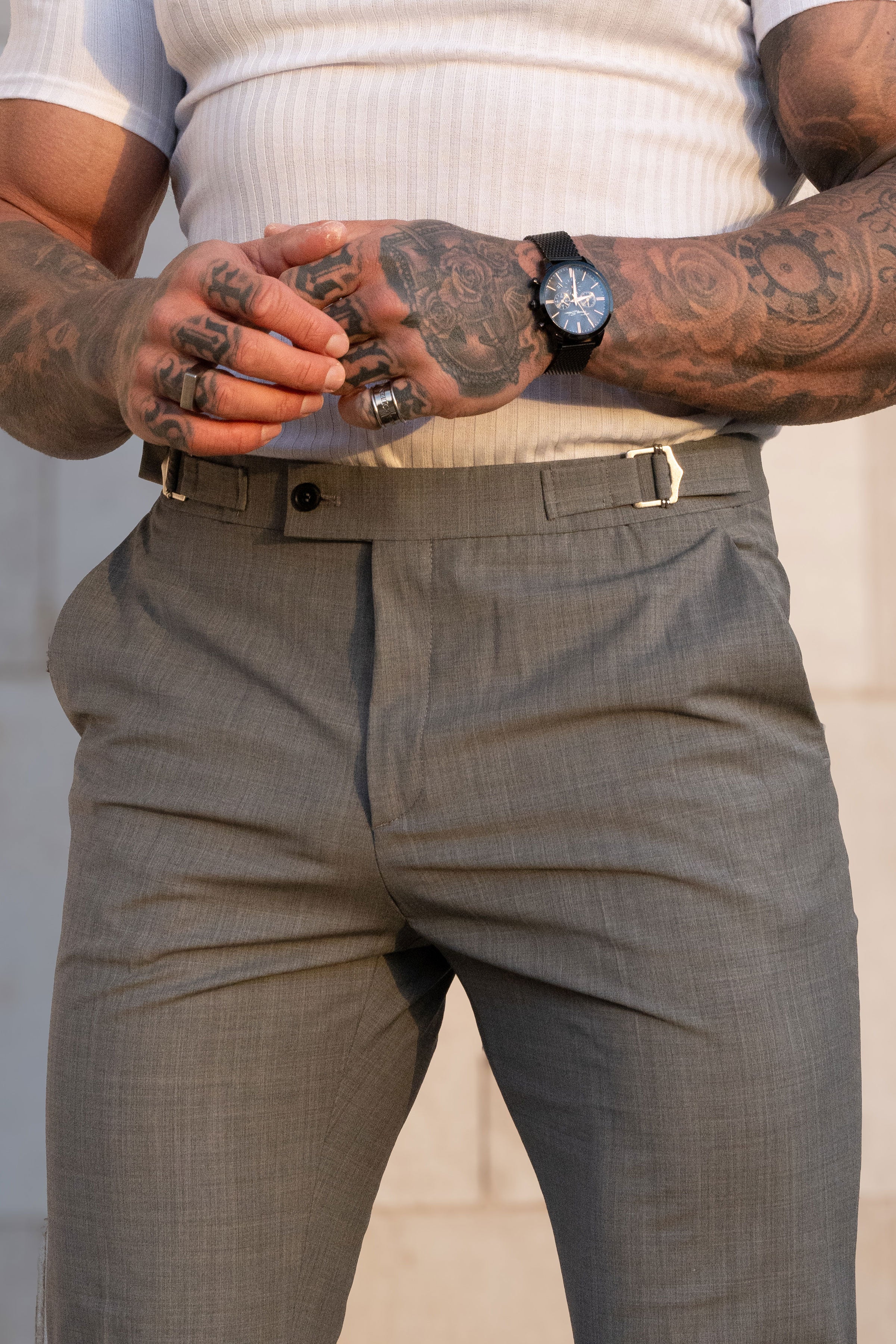 Slim Formal Grey Marl Stretch Trousers with Side Adjusters - FST021