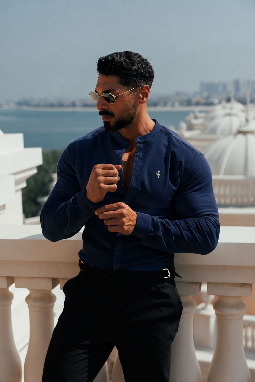 Super Slim Scuba Navy Long Sleeve Stretch With Grandad Collar With Gold Decal - FS1265