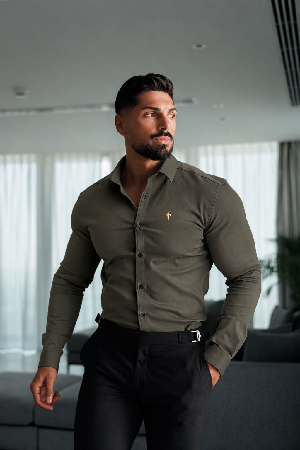 Super Slim Stretch Olive Denim Long Sleeve with Gold Metal Decal and Cutaway Collar - FS1316