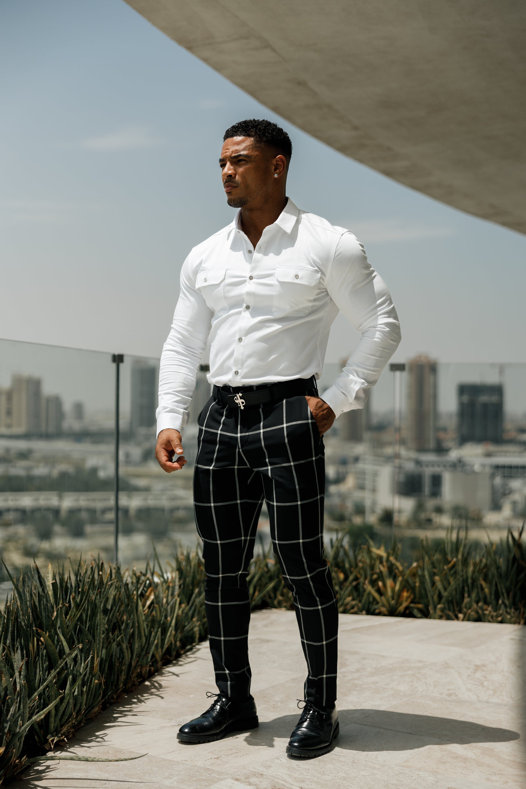 Slim Formal Black and Ecru Large Check Stretch Trousers - FST015