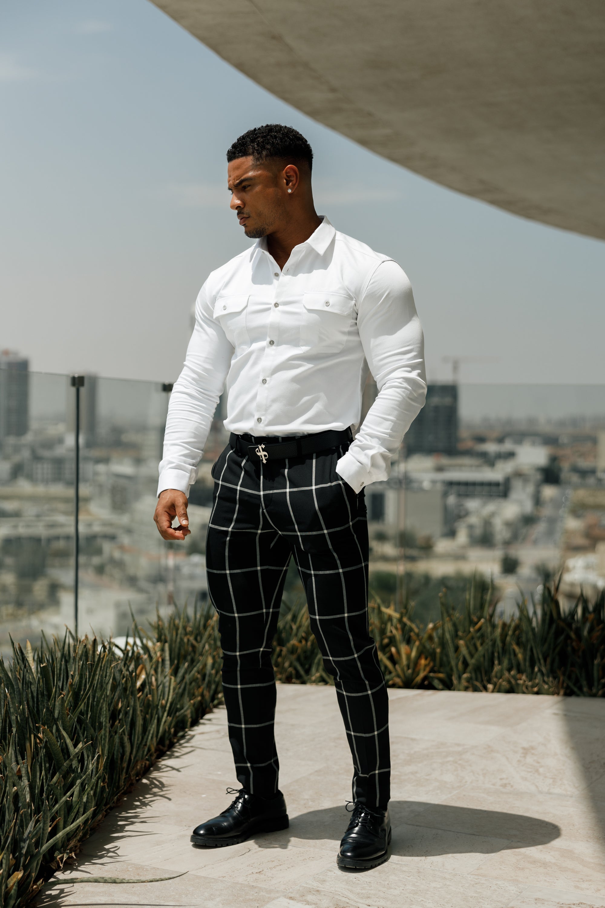 Slim Formal Black and Ecru Large Check Stretch Trousers - FST015