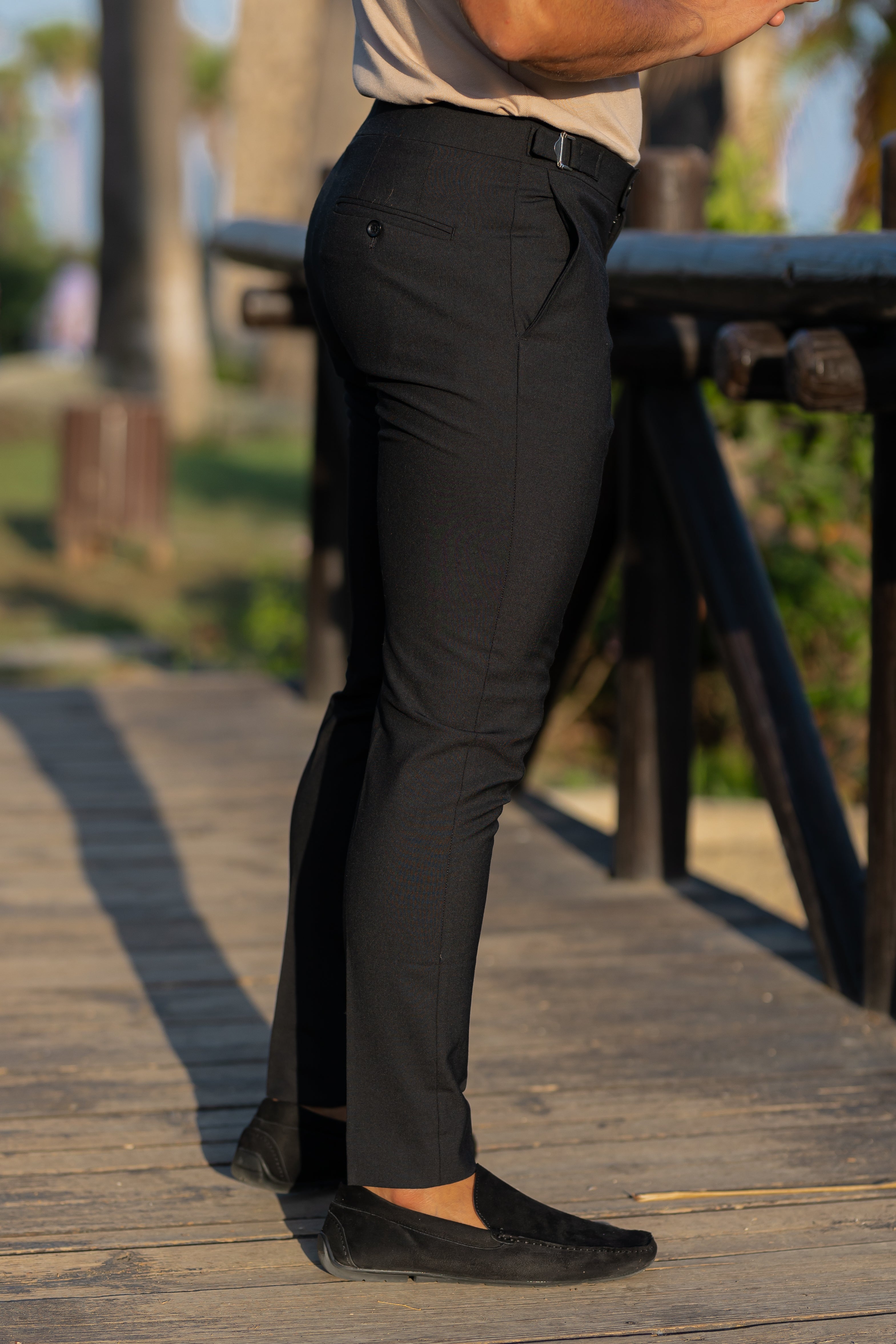 Slim Formal Black Stretch Trousers With Silver Waist Adjusters - FST013