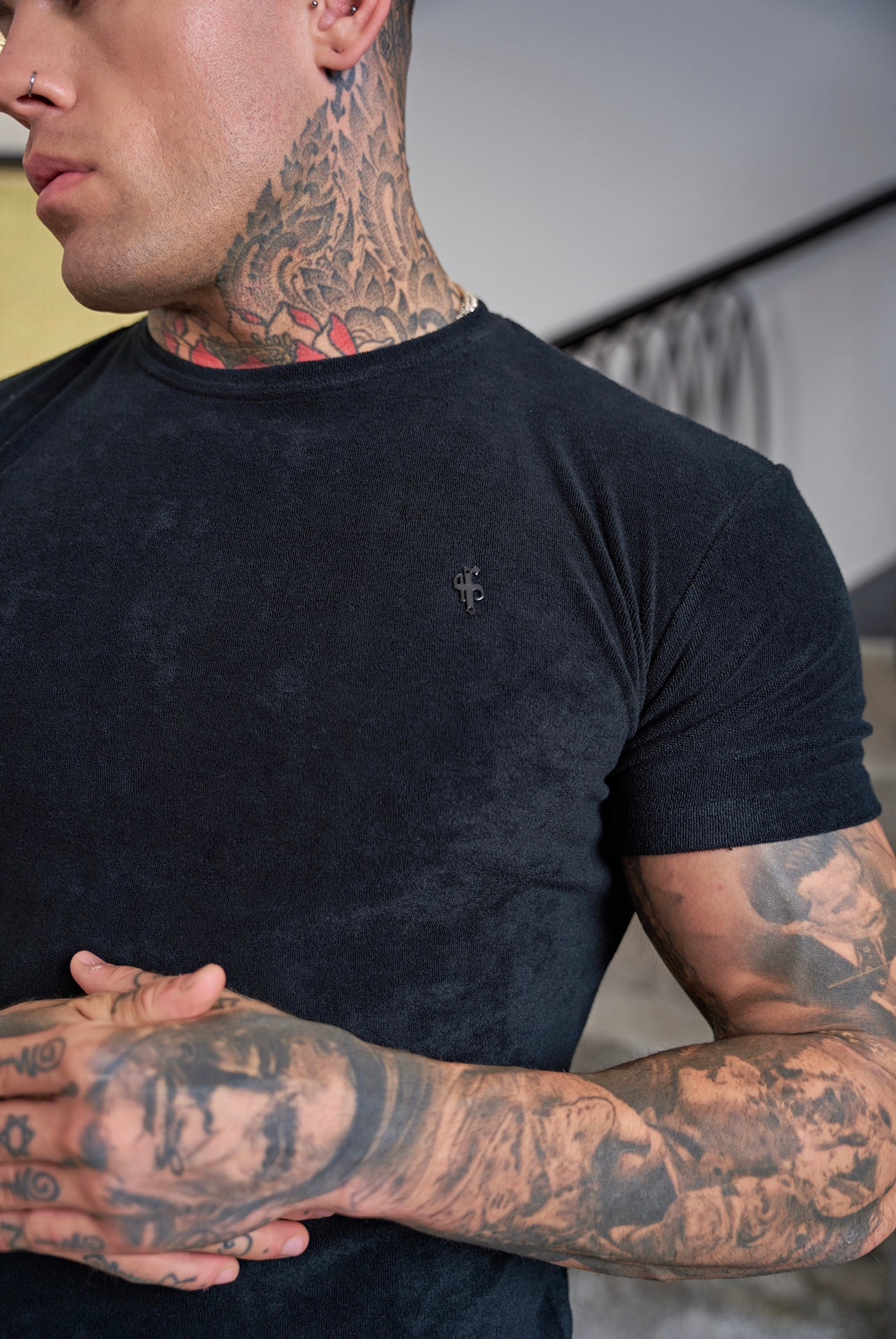 Black Towelling Crew T Shirt - FSH816 (PRE ORDER 16TH JUNE)