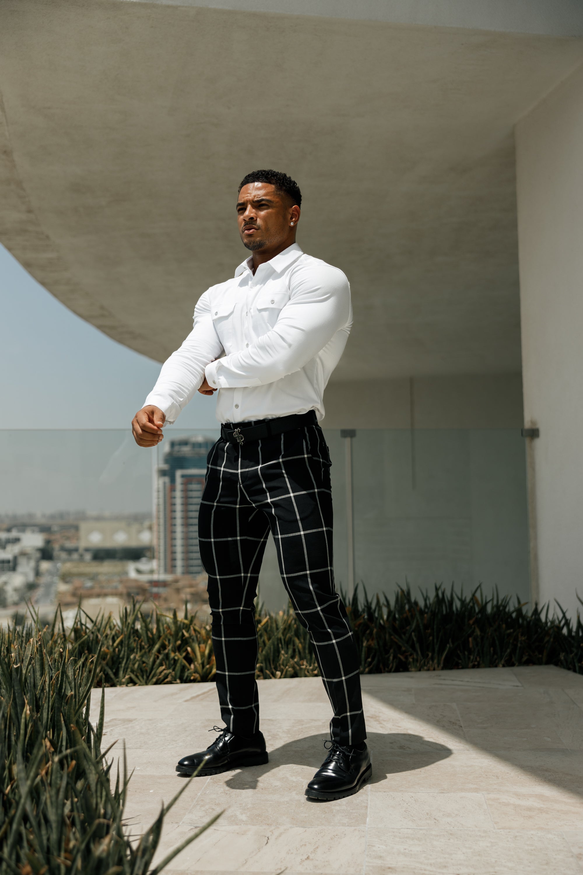 Slim Formal Black and Ecru Large Check Stretch Trousers - FST015